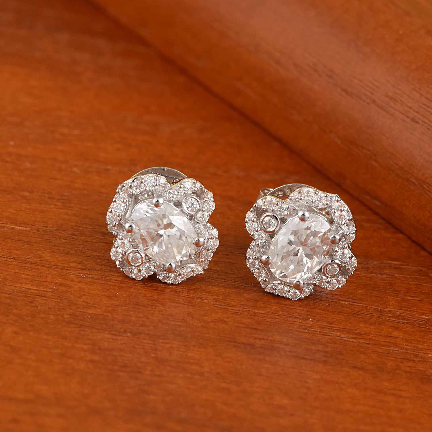 Moissanite Halo Design Stud Earrings - Sterling Silver