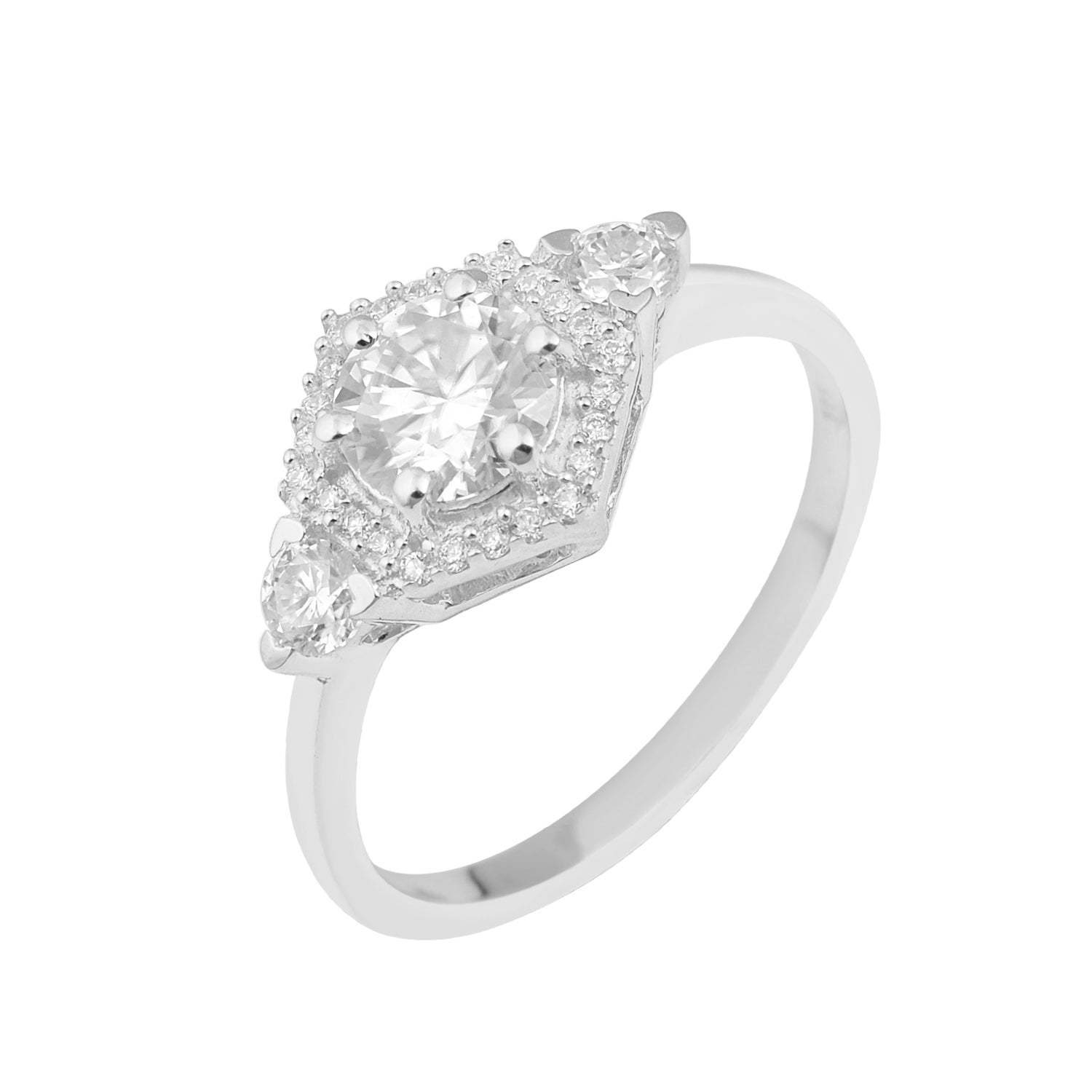 Moissanite Diamond Frame Trio Accent Ring – Sterling Silver