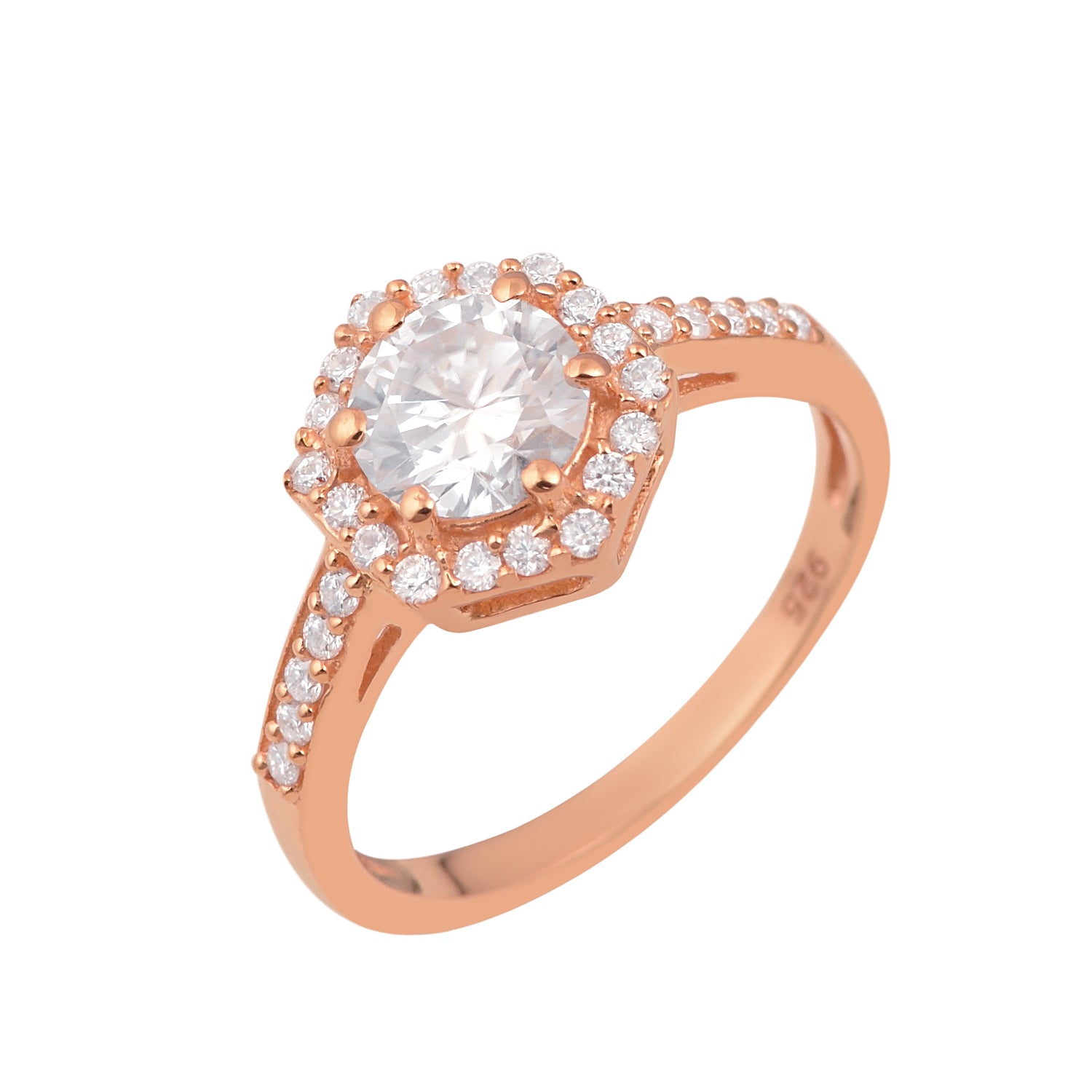 Moissanite Hexagonal Halo Pave Band Ring – Sterling Silver