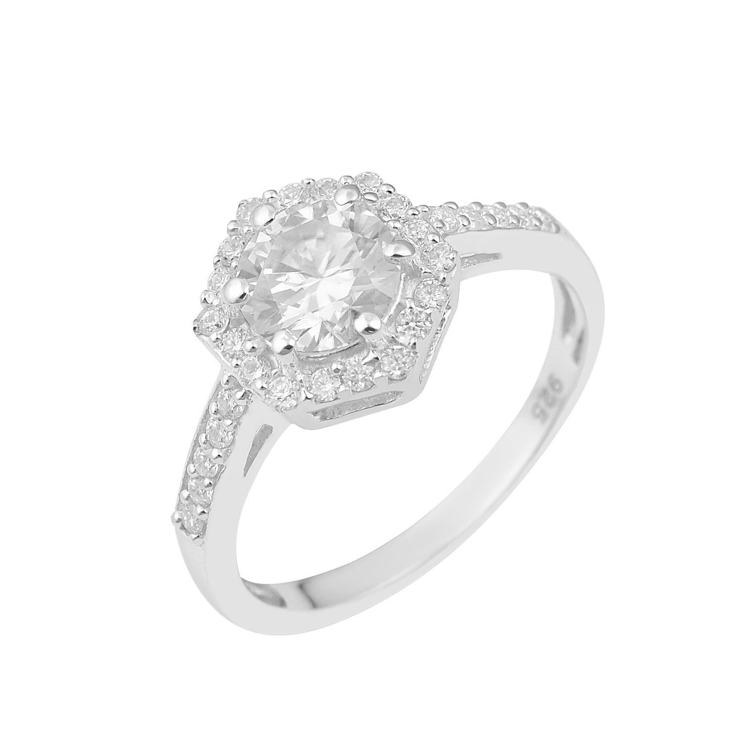 Moissanite Hexagonal Halo Pave Band Ring – Sterling Silver