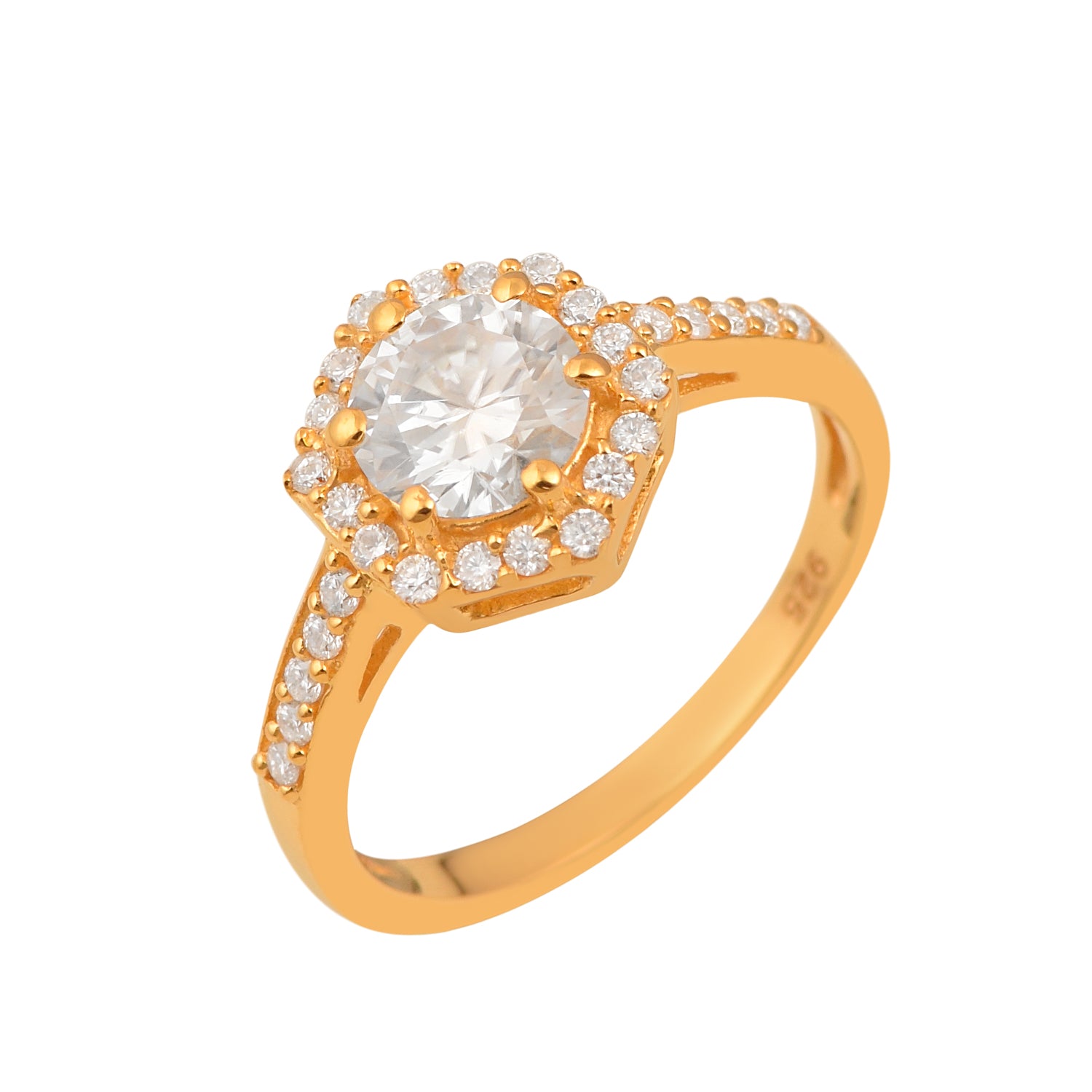 Moissanite Hexagonal Halo Pave Band Ring – Sterling Silver