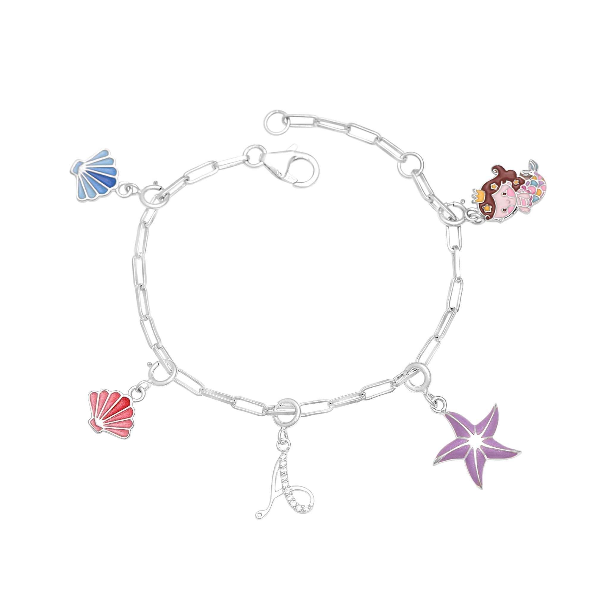 Mermaid Charm Bracelet with Initial "A" – Sterling Silver for Kids