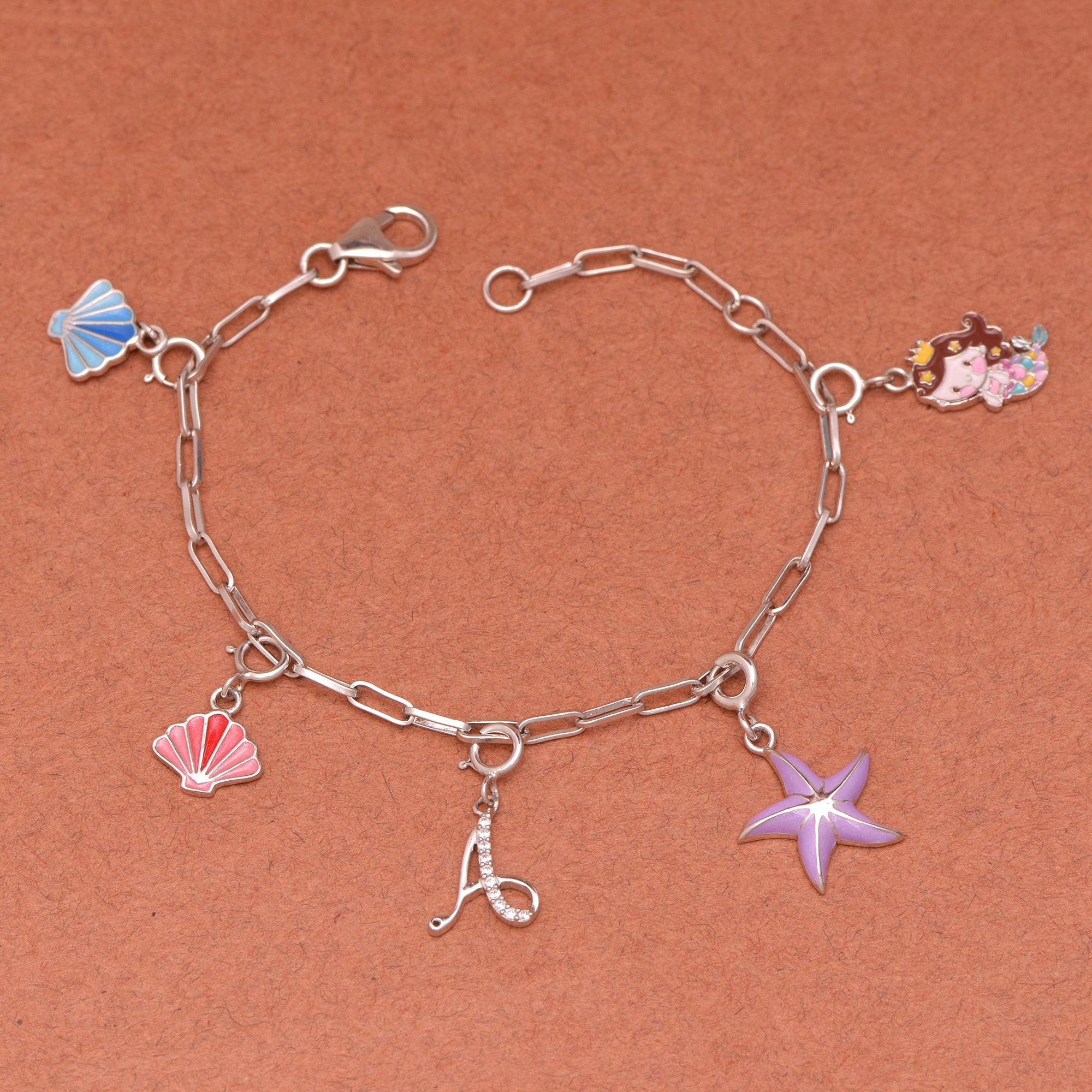 Bracciale con ciondolo a forma di sirena con iniziale "A" – Argento Sterling per bambini