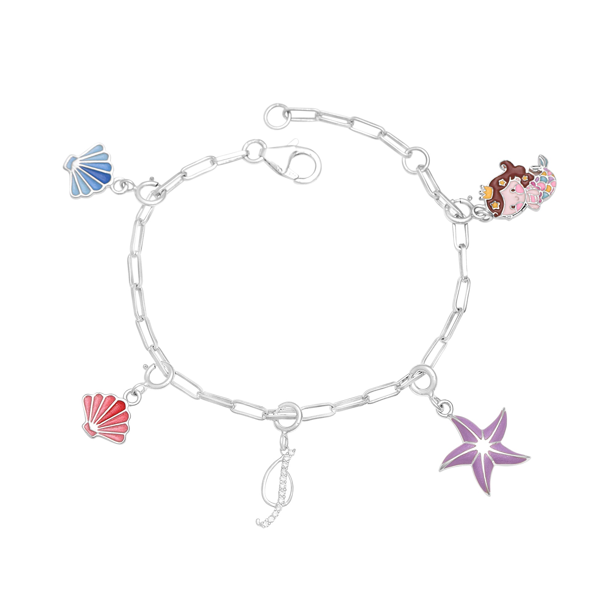 Mermaid Charm Bracelet with Initial "J" – 925 Sterling Silver for Kids