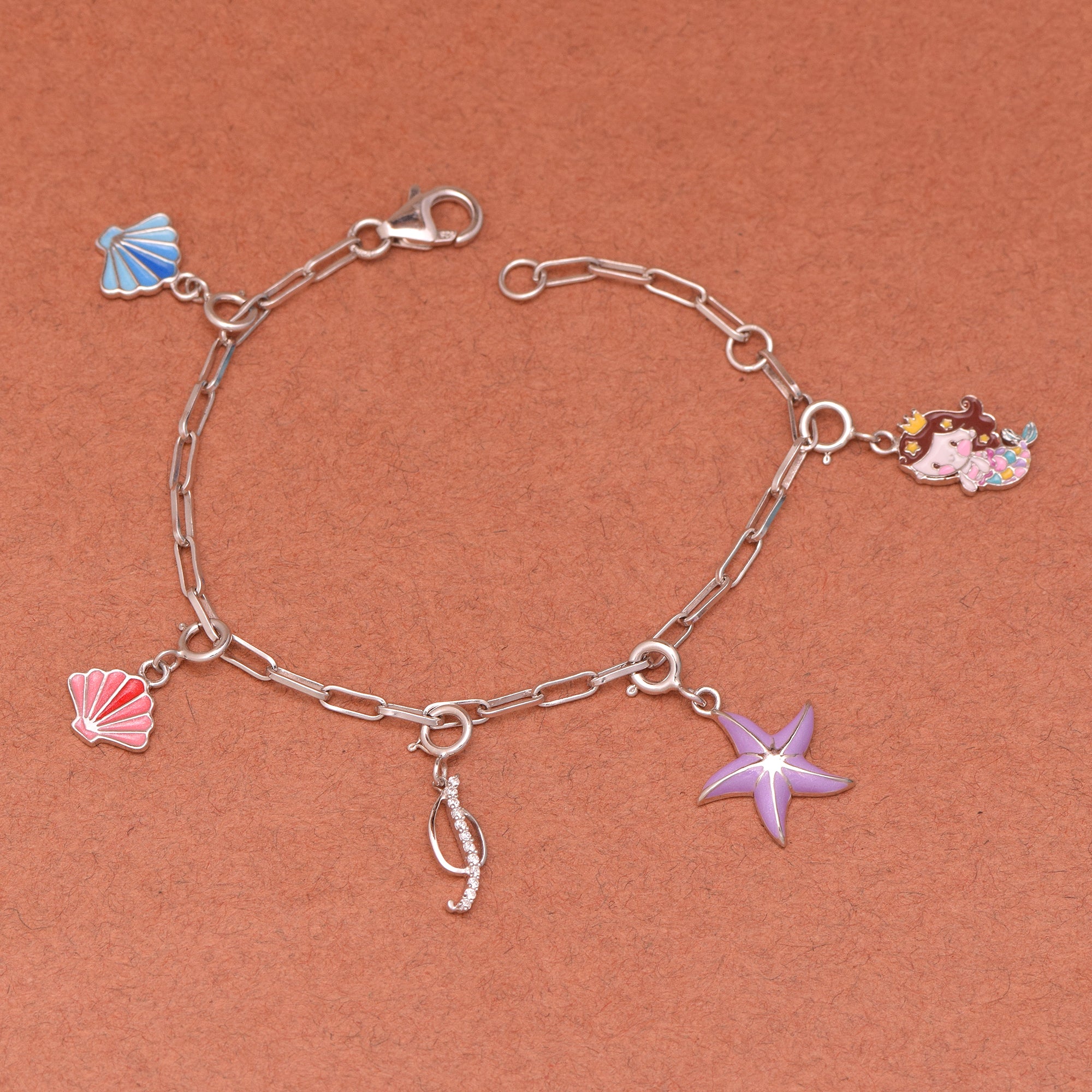 Bracciale con ciondolo a forma di sirena con iniziale "J" – Argento Sterling 925 per bambini