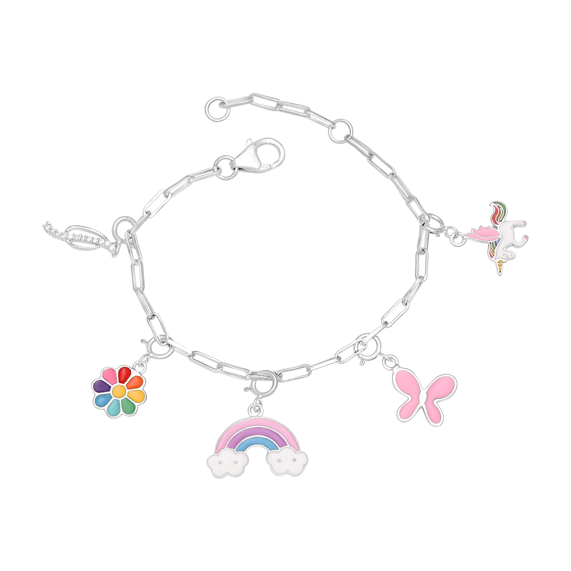 Unicorn & Rainbow Charm Bracelet with Initial "J" – Sterling Silver for Kids