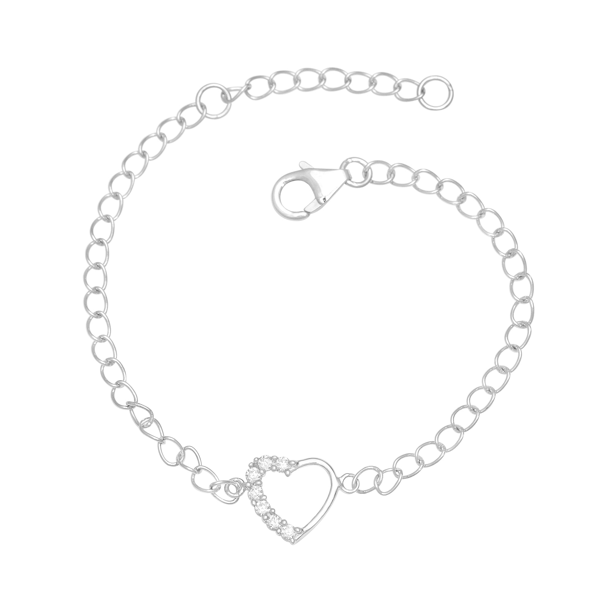 White Stone Round Open Heart Bracelet – Sterling Silver