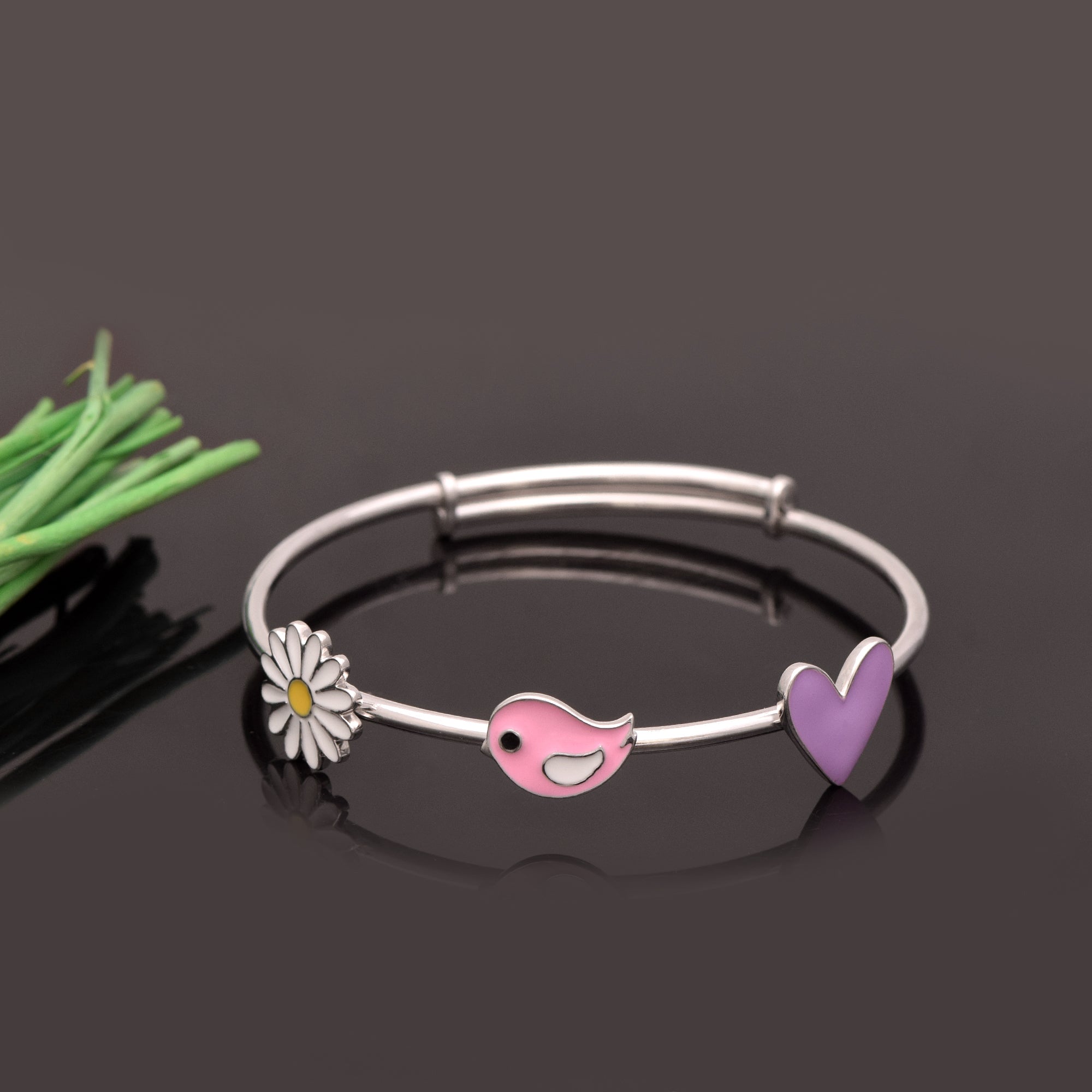 Bracciale con ciondolo a forma di margherita, uccello e cuore – Argento Sterling
