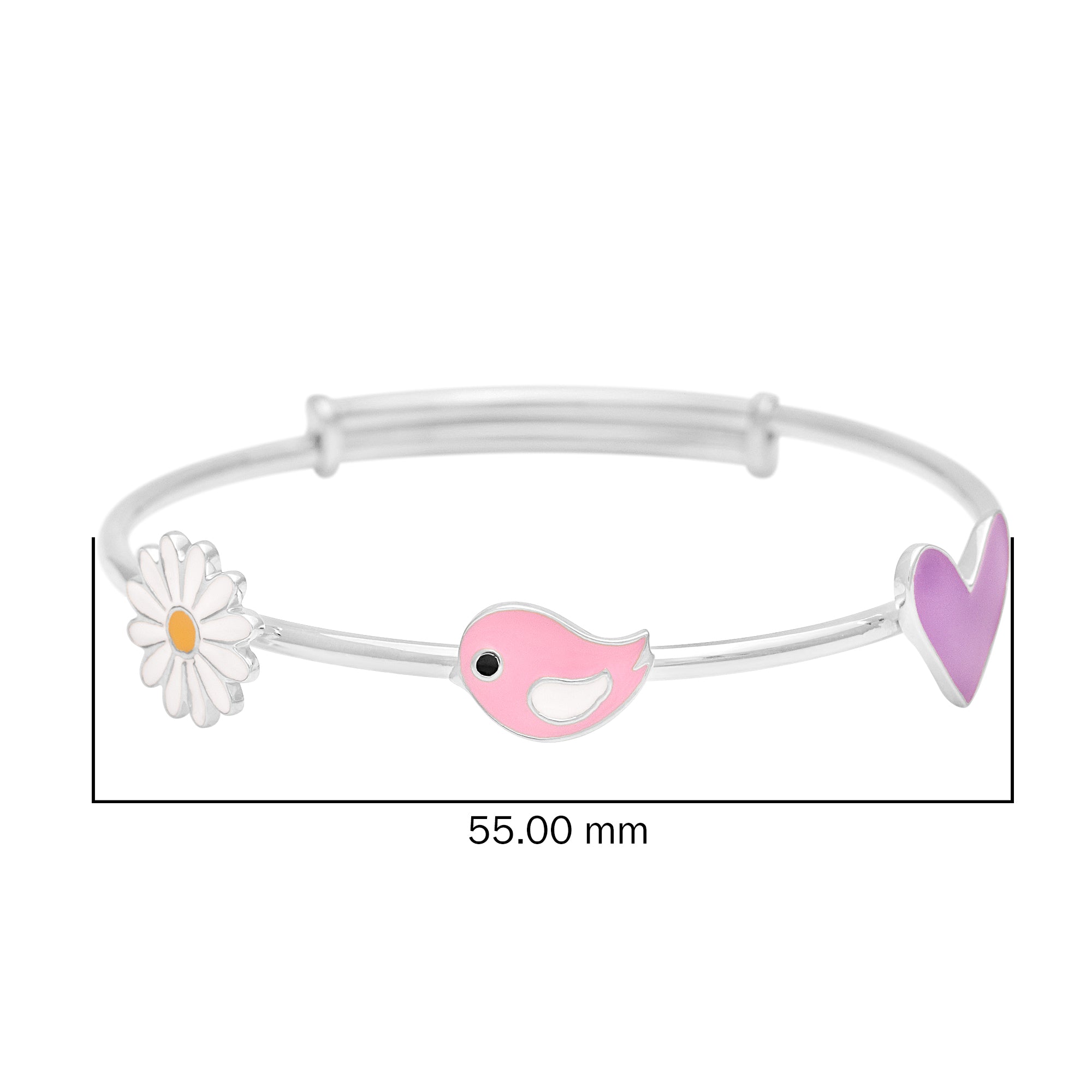 Bracciale con ciondolo a forma di margherita, uccello e cuore – Argento Sterling