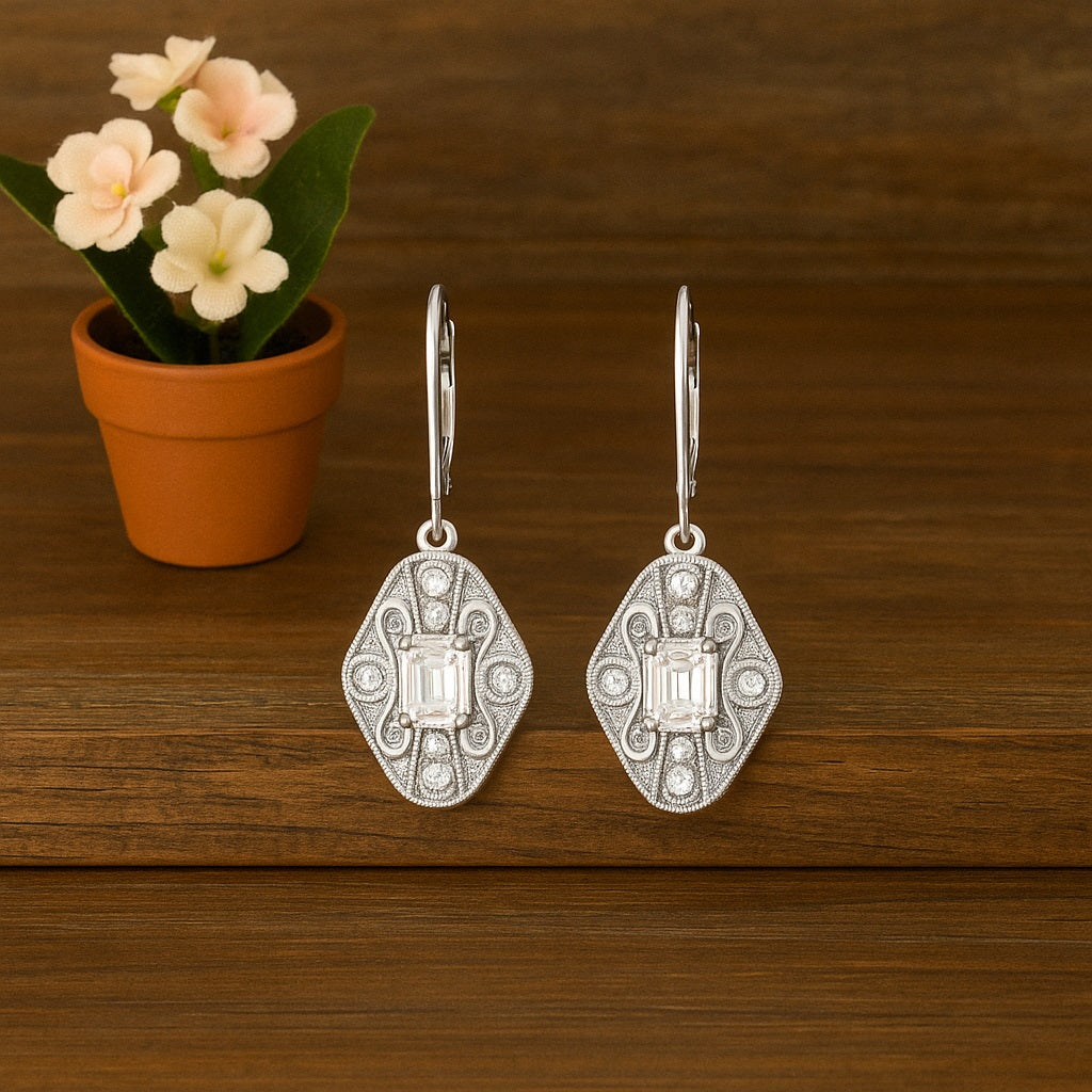 Moissanite Filigree Dangle Earrings – Sterling Silver