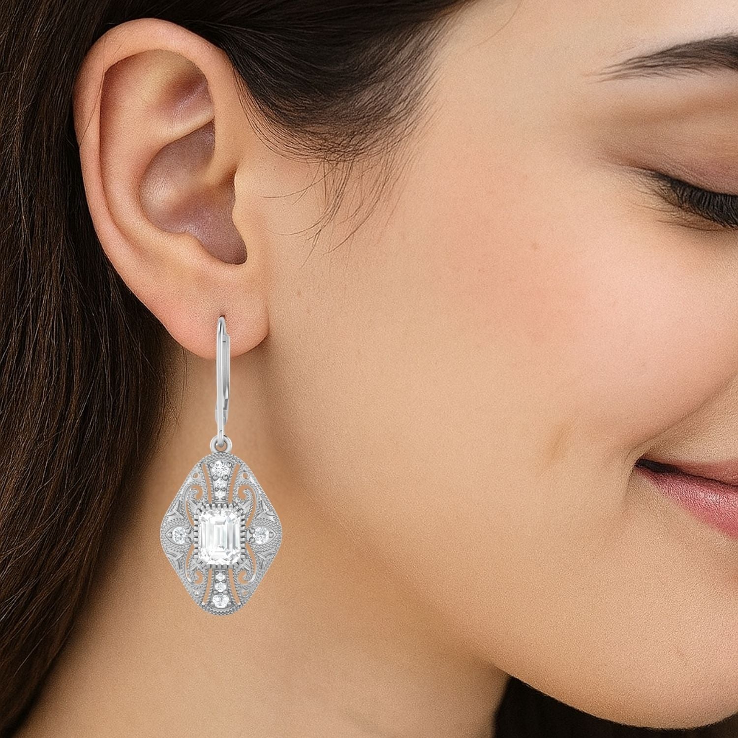 Moissanite Filigree Dangle Earrings – Sterling Silver