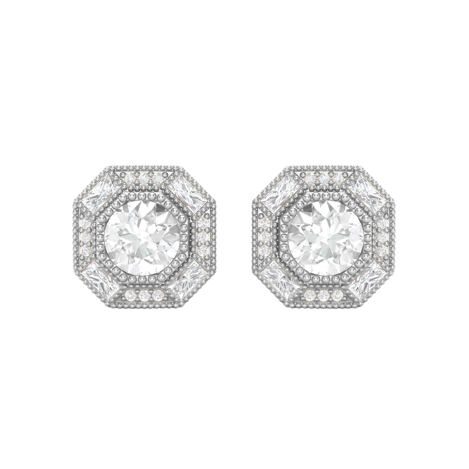 Moissanite Octagon Halo Accents Studs – Sterling Silver