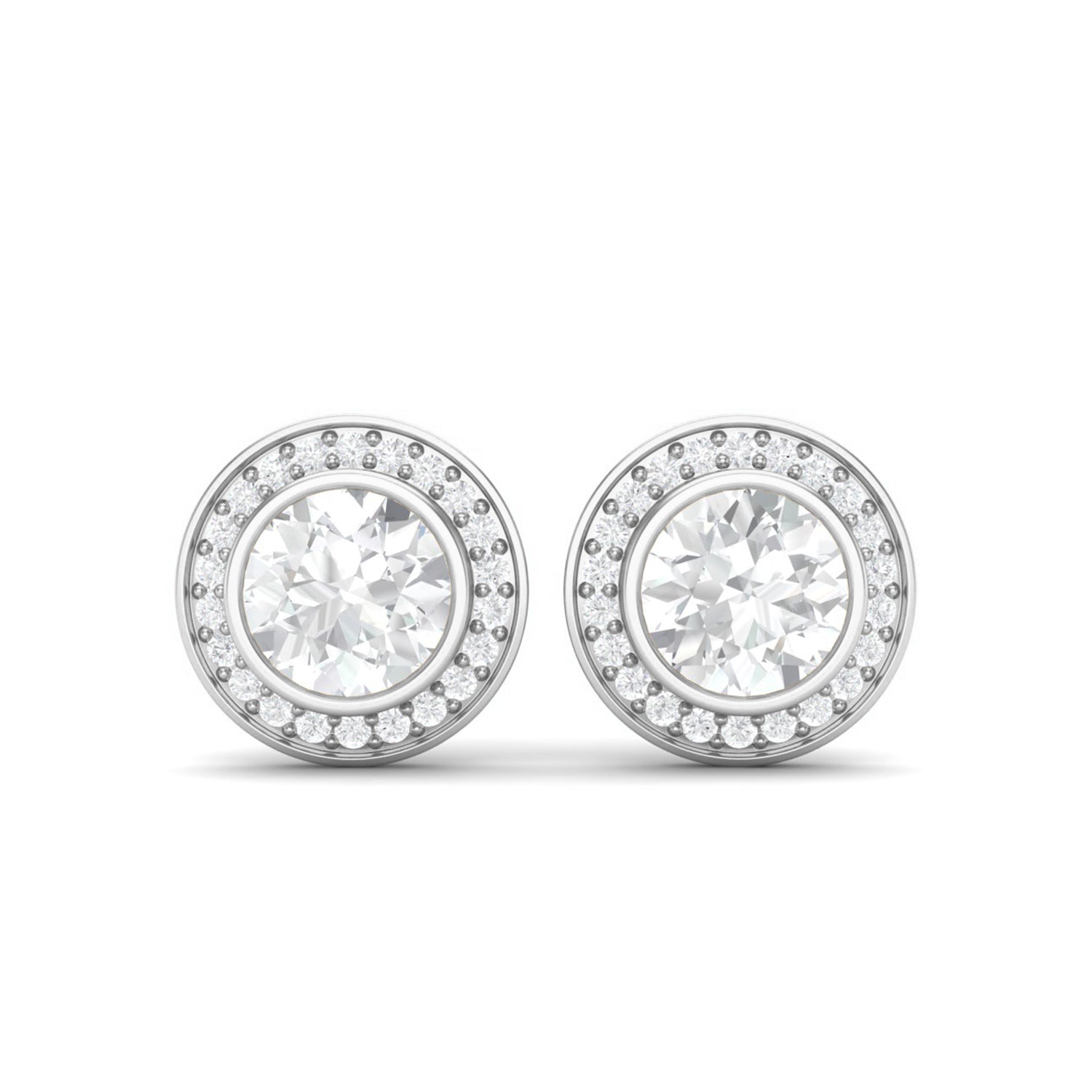 Moissanite Halo Bezel Stud Design Earrings – Sterling Silver