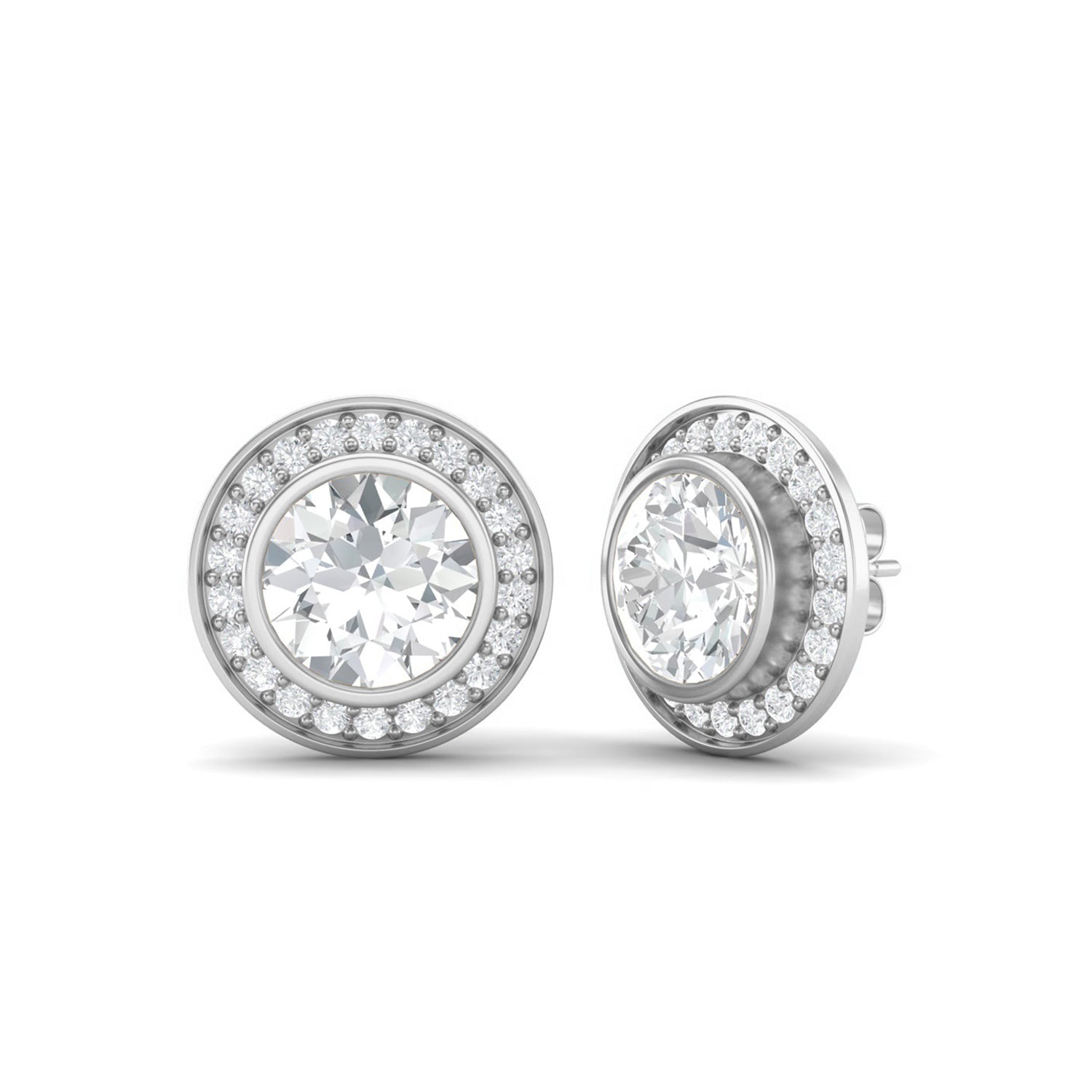 Moissanite Halo Bezel Stud Design Earrings – Sterling Silver