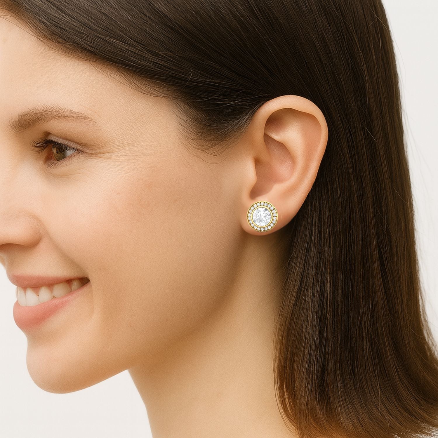 Moissanite Halo Bezel Stud Design Earrings – Sterling Silver