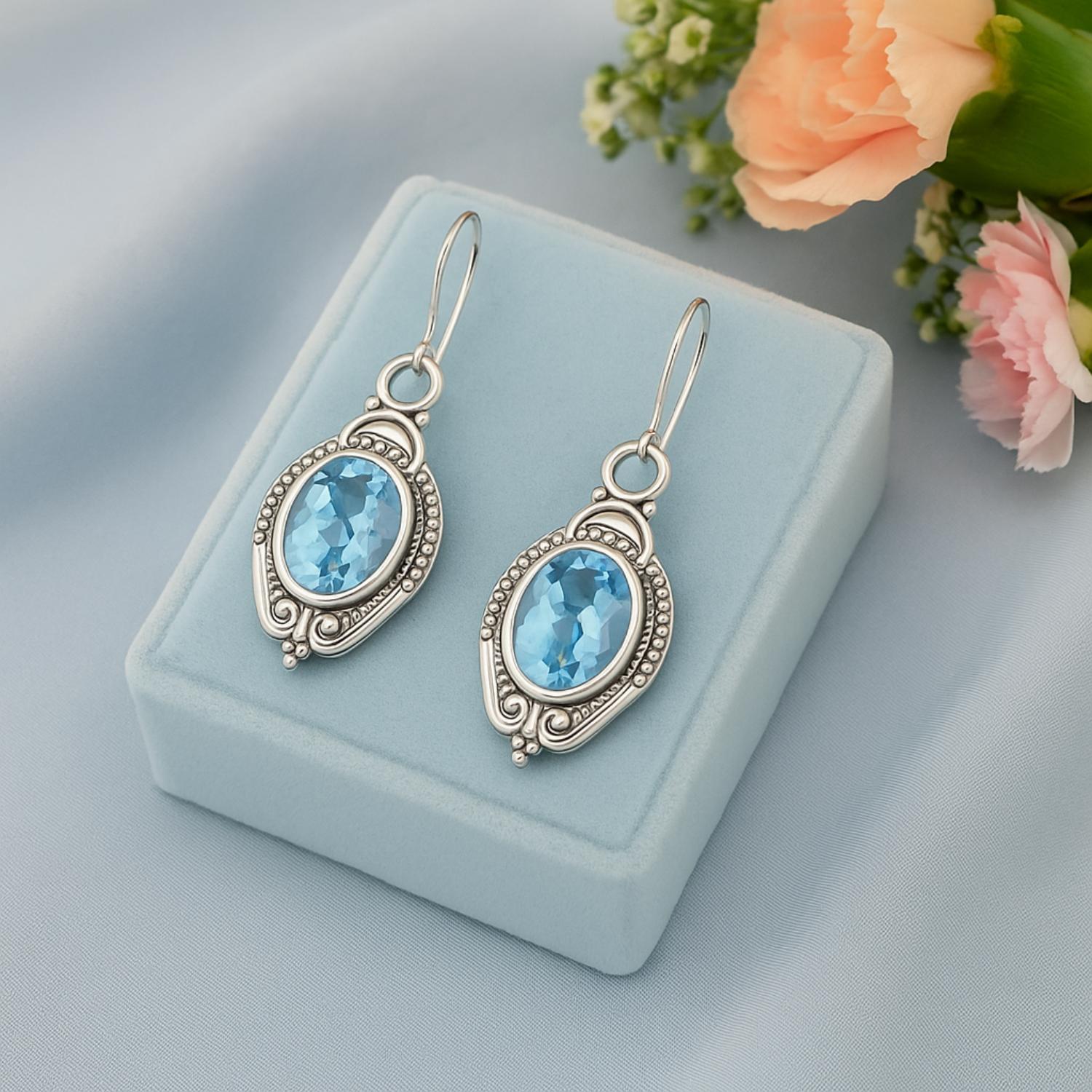 Aquamarine Vintage Milgrain Drop Design Earrings – Sterling Silver