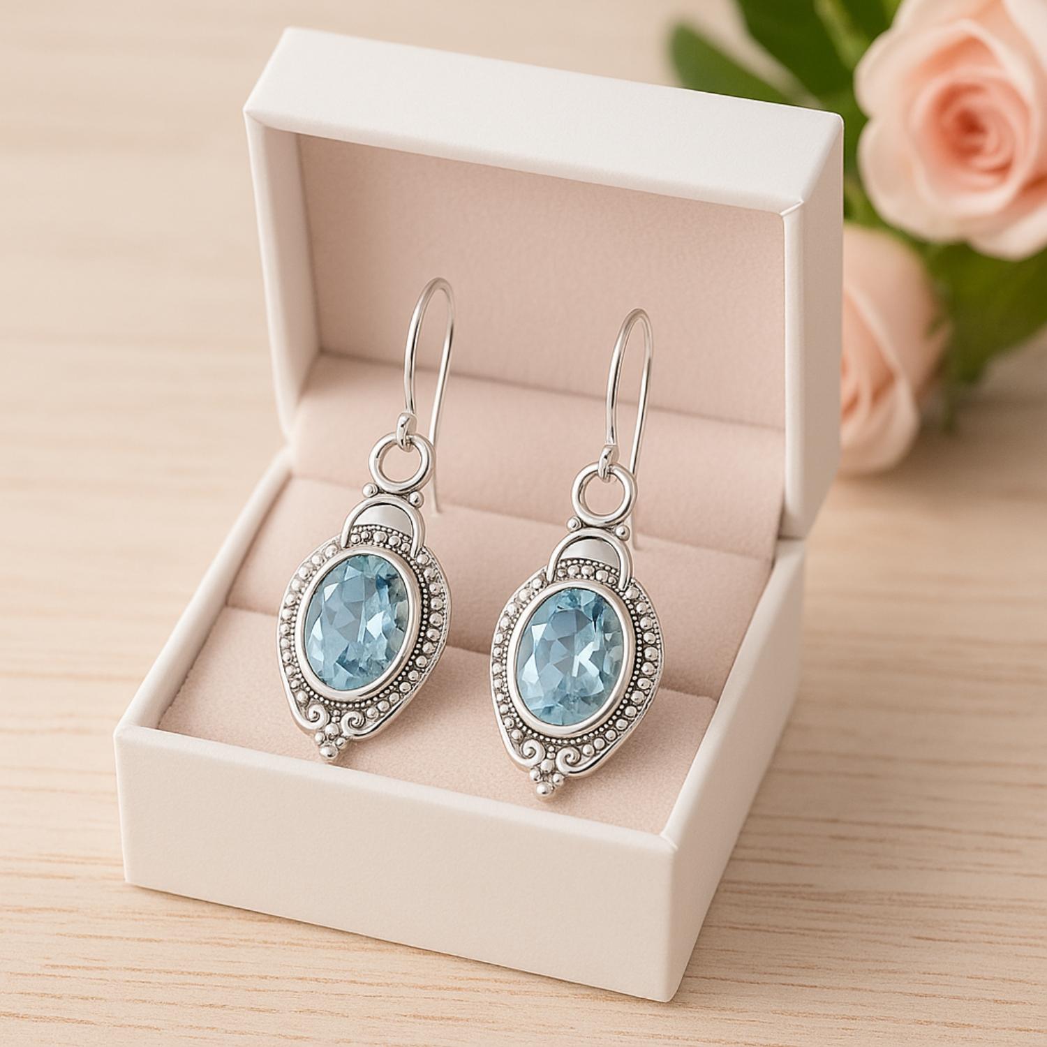 Aquamarine Vintage Milgrain Drop Design Earrings – Sterling Silver