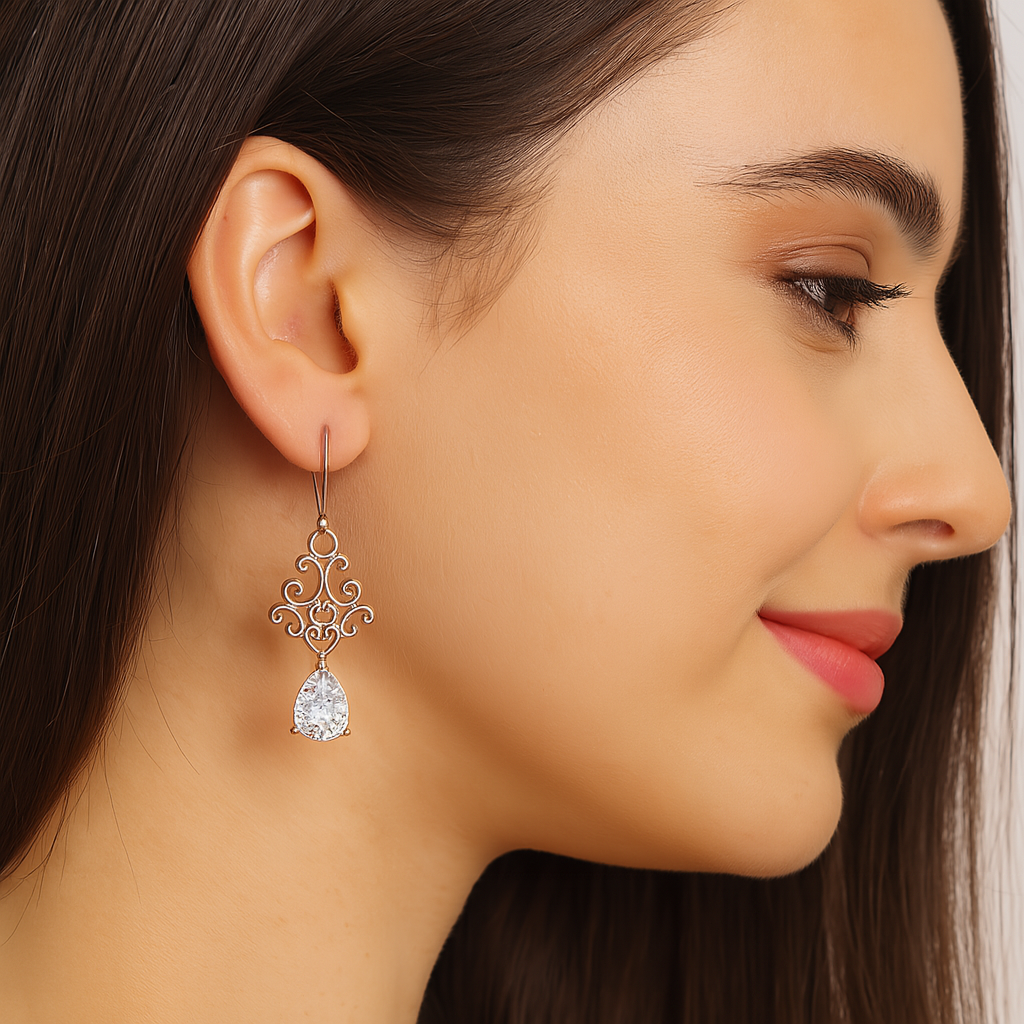 Moissanite Scroll Filigree Drop Earrings – Sterling Silver