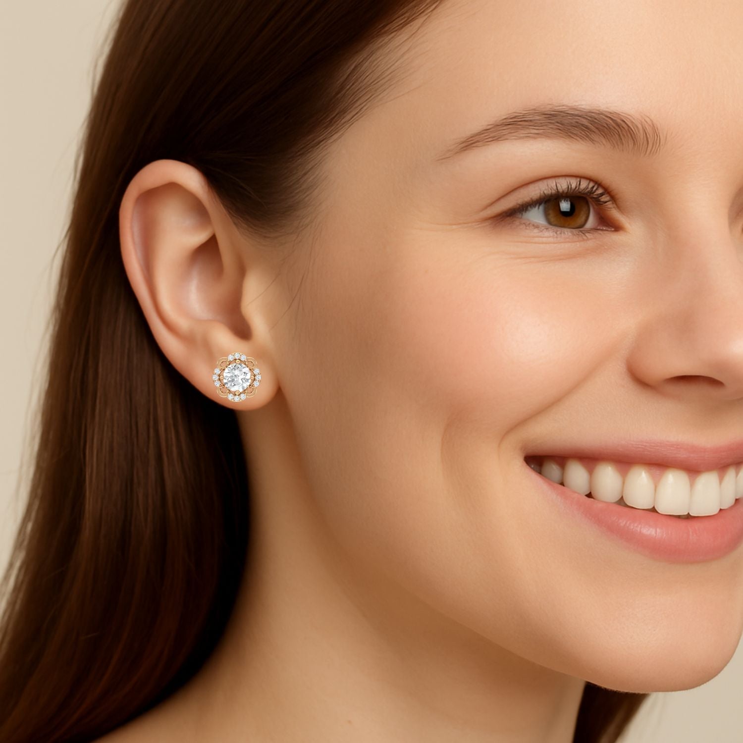 Moissanite Floral Halo Stud Design Earrings – Sterling Silver