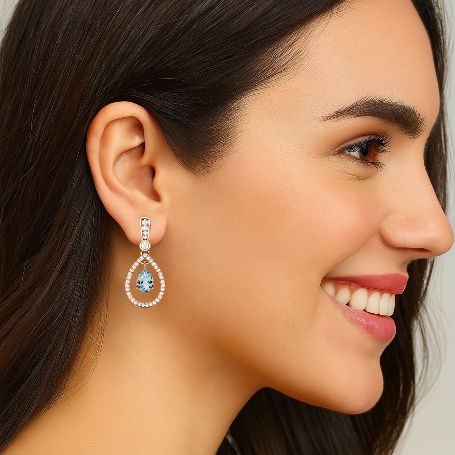 Aquamarine Halo Drop Dangle Earrings – Sterling Silver