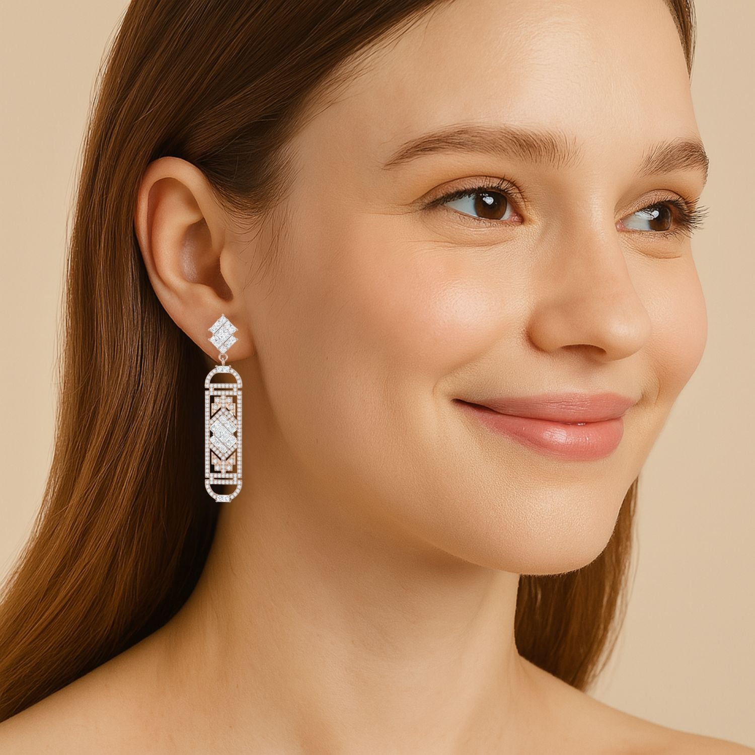 Moissanite Art Deco Geometric Drop Earrings – Sterling Silver