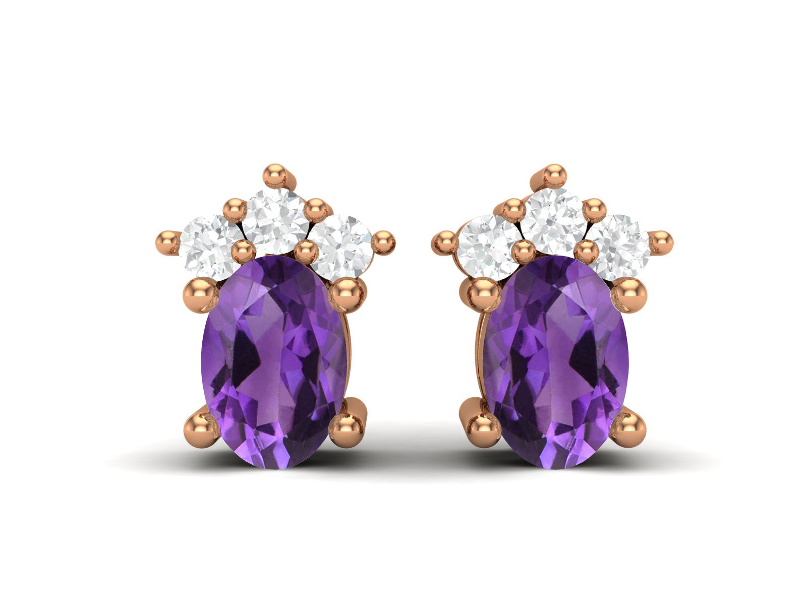 Amethyst Oval Cluster Stud Earrings - Sterling Silver