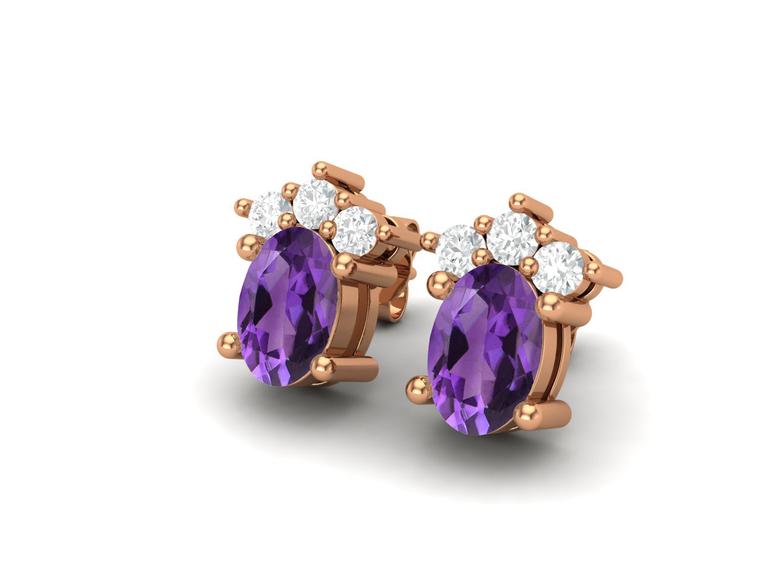 Amethyst Oval Cluster Stud Earrings - Sterling Silver
