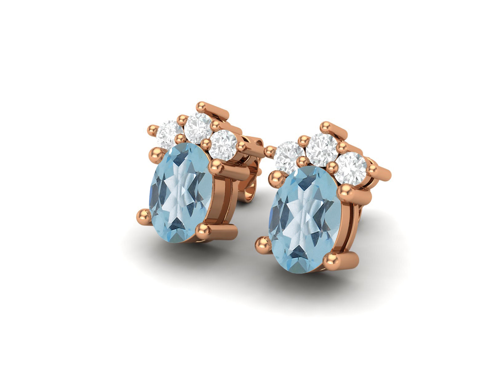 Aquamarine Oval Cluster Stud Earrings - Sterling Silver
