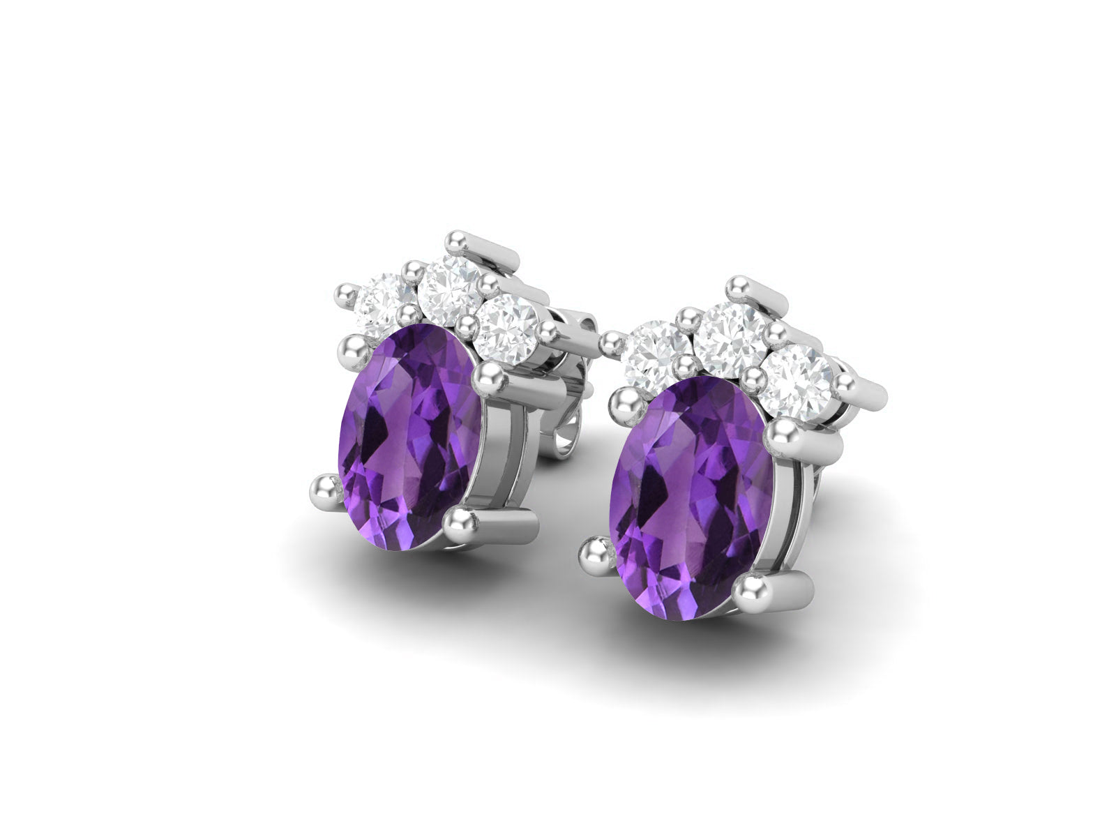 Amethyst Oval Cluster Stud Earrings - Sterling Silver