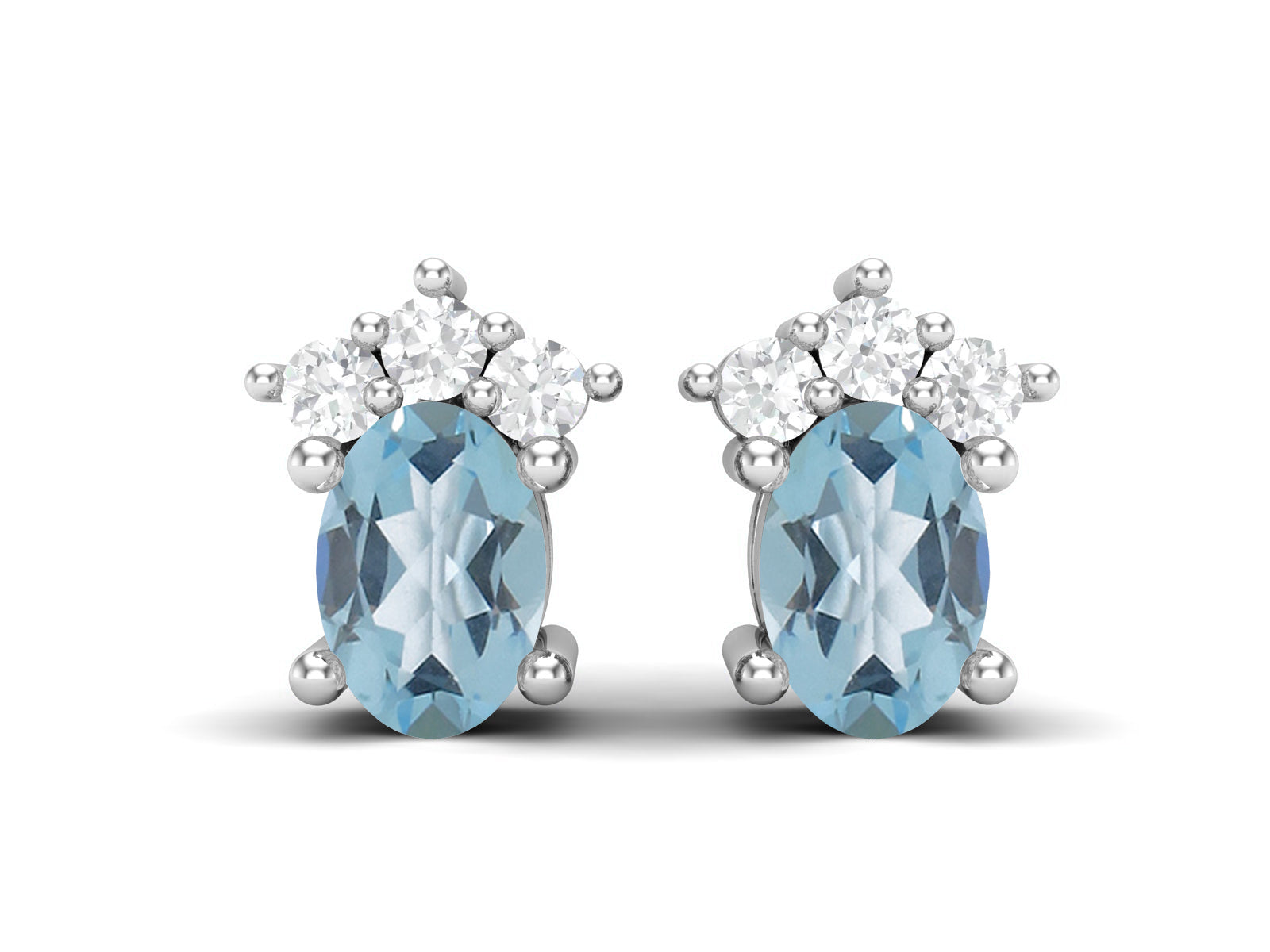 Aquamarine Oval Cluster Stud Earrings - Sterling Silver