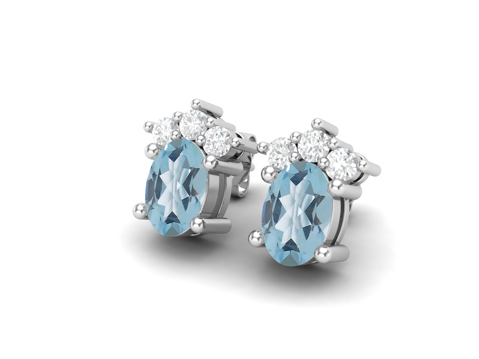 Aquamarine Oval Cluster Stud Earrings - Sterling Silver
