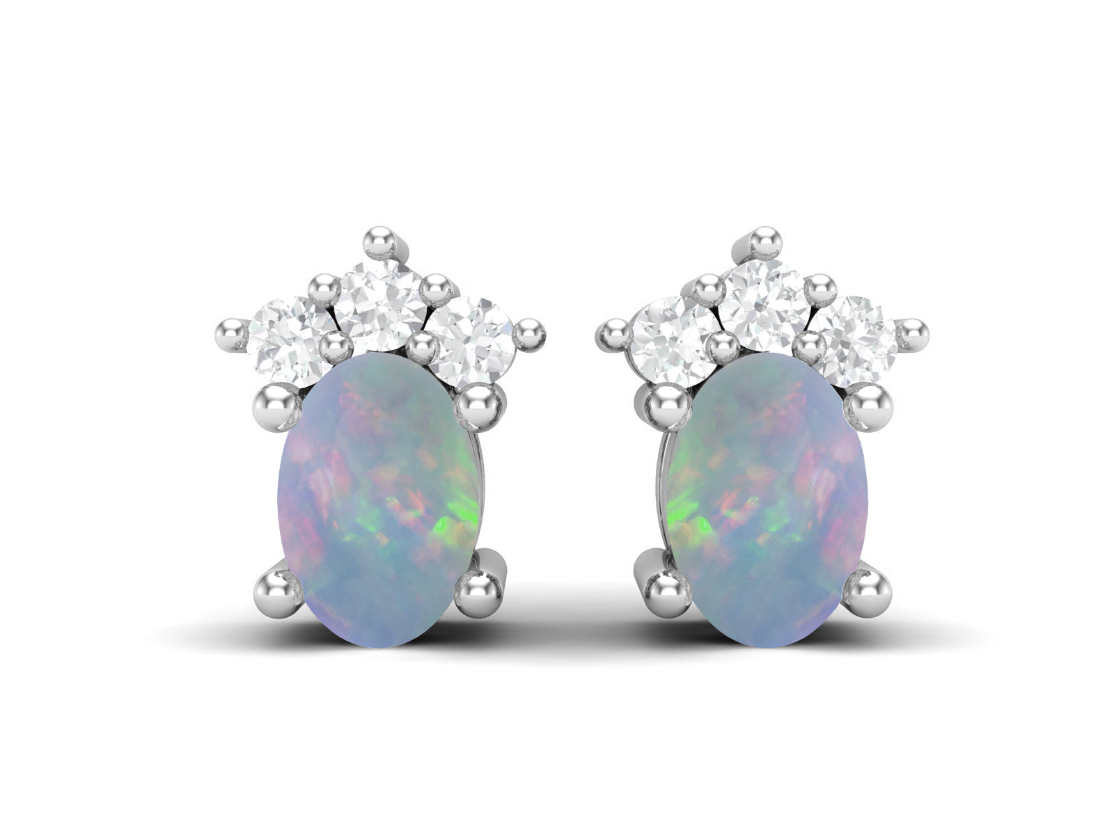 Opal Oval Cluster Stud Earrings - Sterling Silver