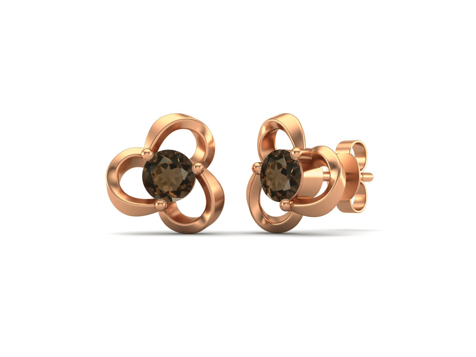Smoky Quartz Elegant Petal Embrace Floral Stud Earrings - Sterling Silver