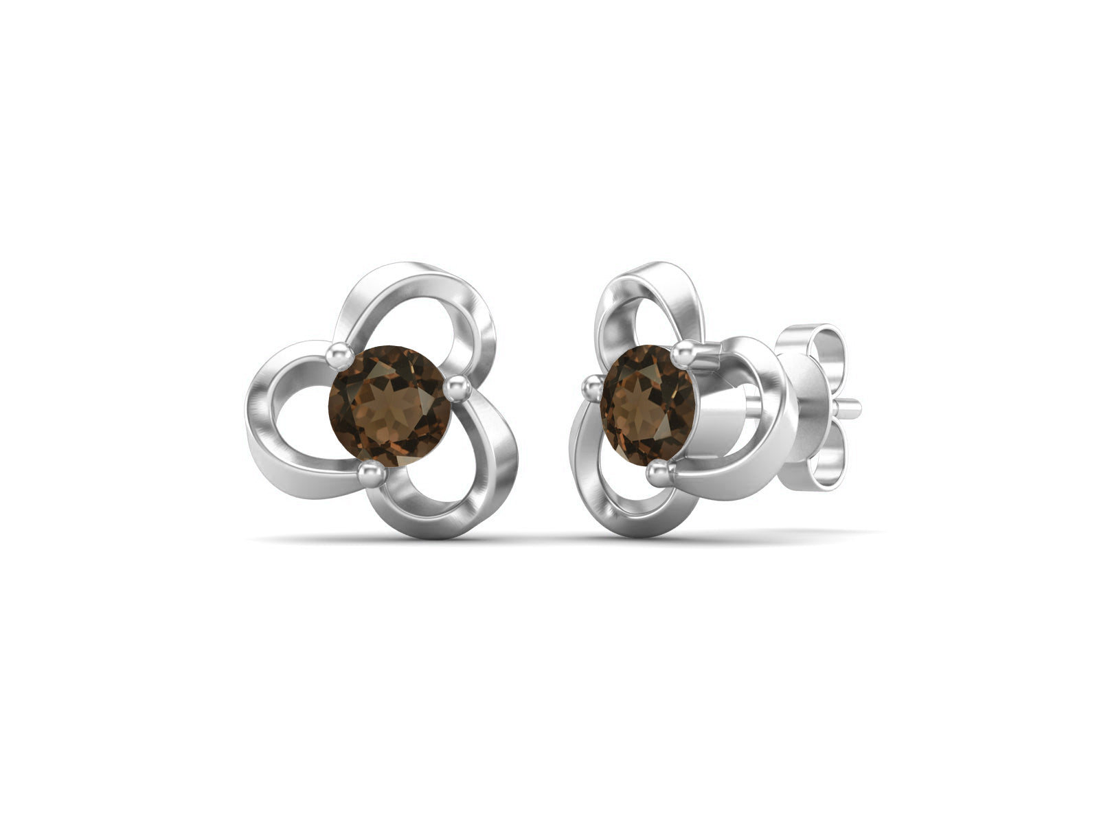 Smoky Quartz Elegant Petal Embrace Floral Stud Earrings - Sterling Silver
