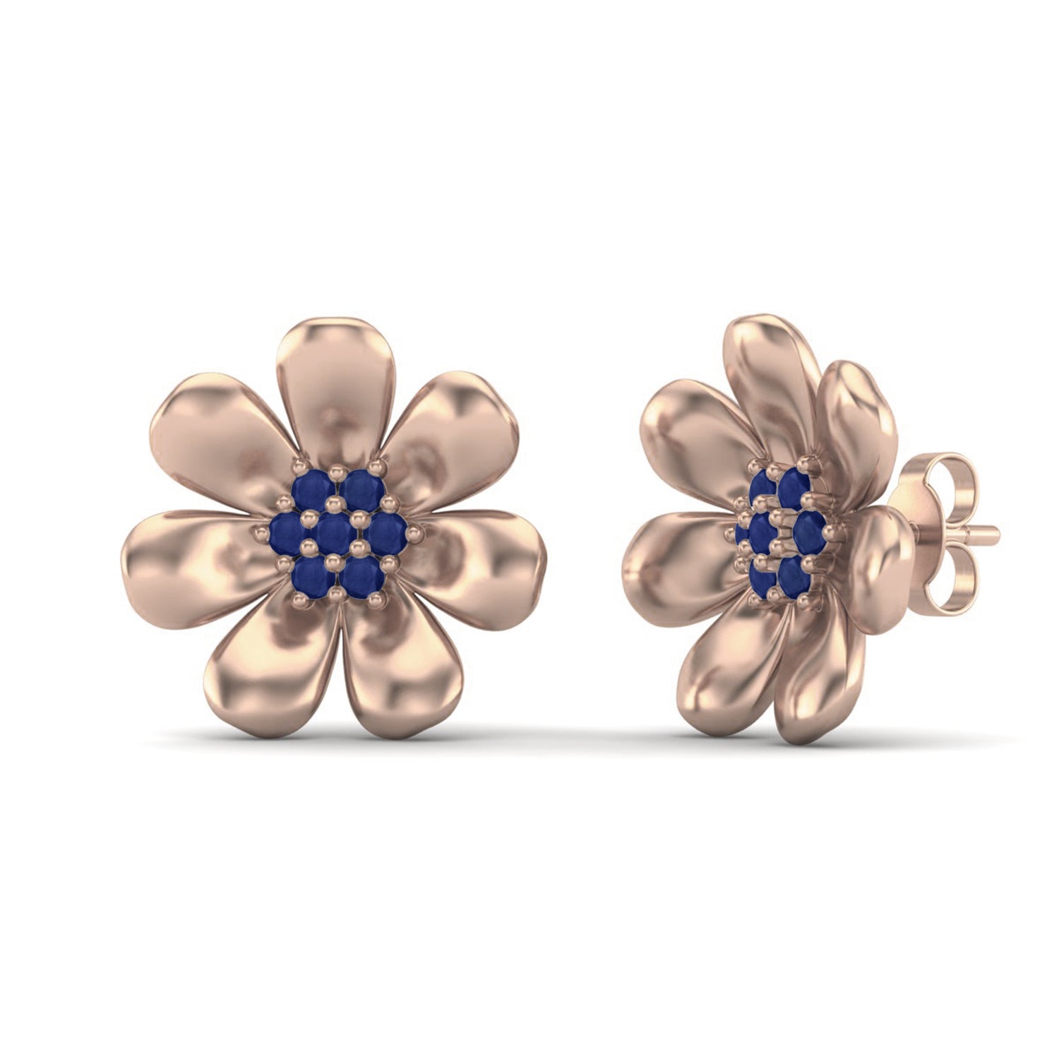Blue Sapphire 0.40 Ct Round Floral Stud Earrings -14k Yellow Gold
