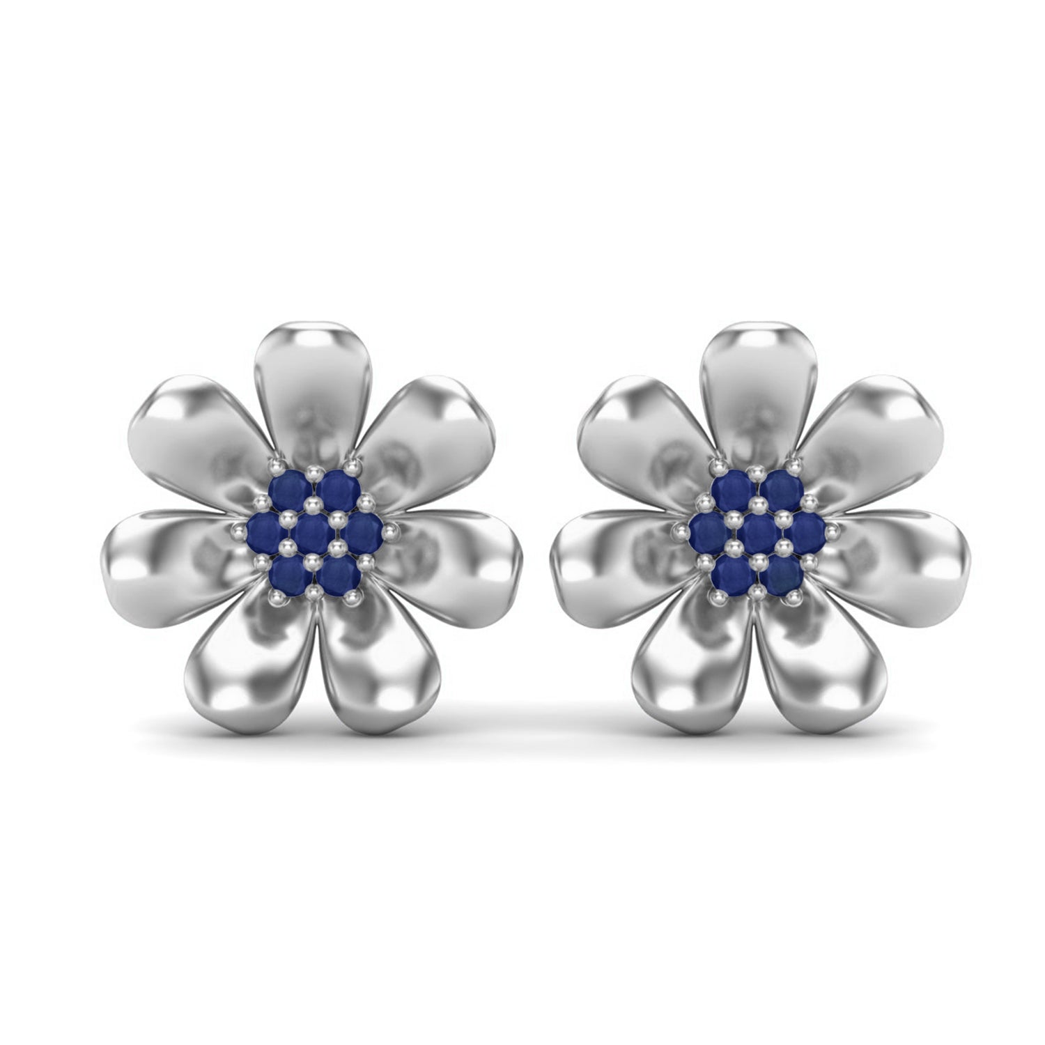 Blue Sapphire Floral Stud Earrings - Sterling Silver