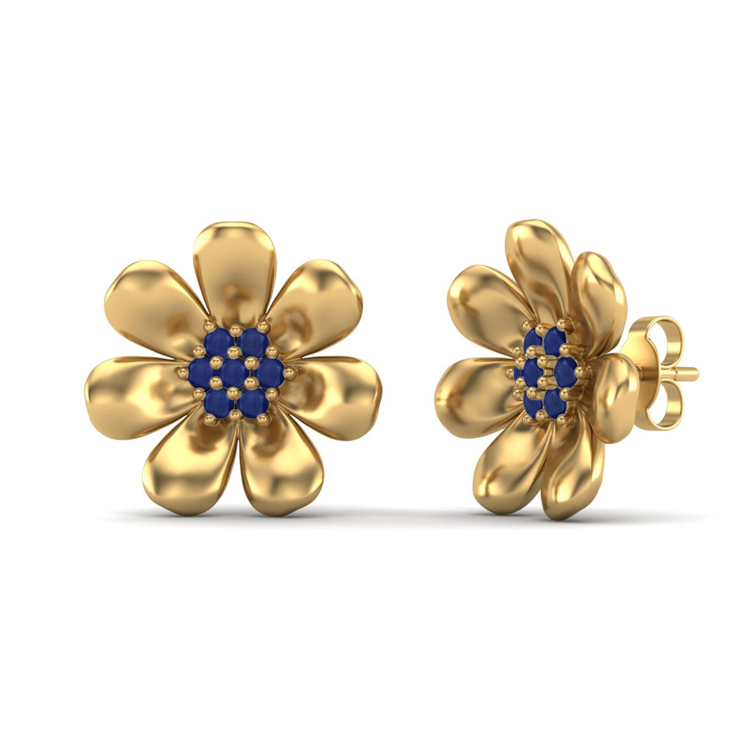 Blue Sapphire 0.40 Ct Round Floral Stud Earrings -14k Yellow Gold
