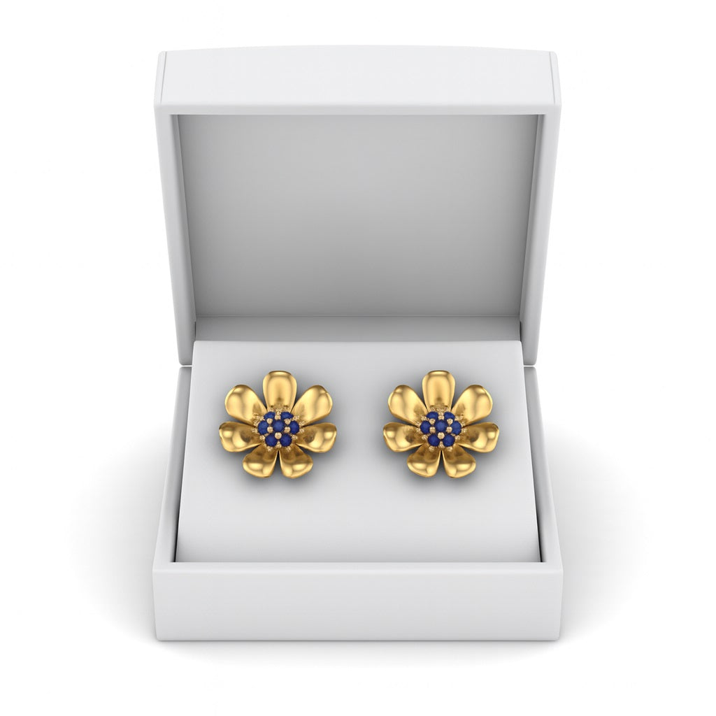Blue Sapphire 0.40 Ct Round Floral Stud Earrings -14k Yellow Gold