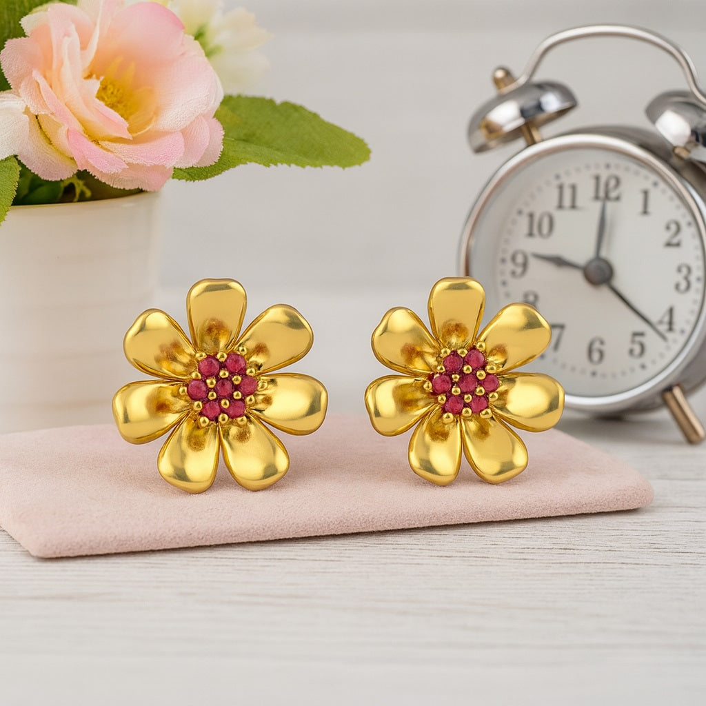 Ruby 2.10 Ct Round Floral Earrings – 14k Yellow Gold