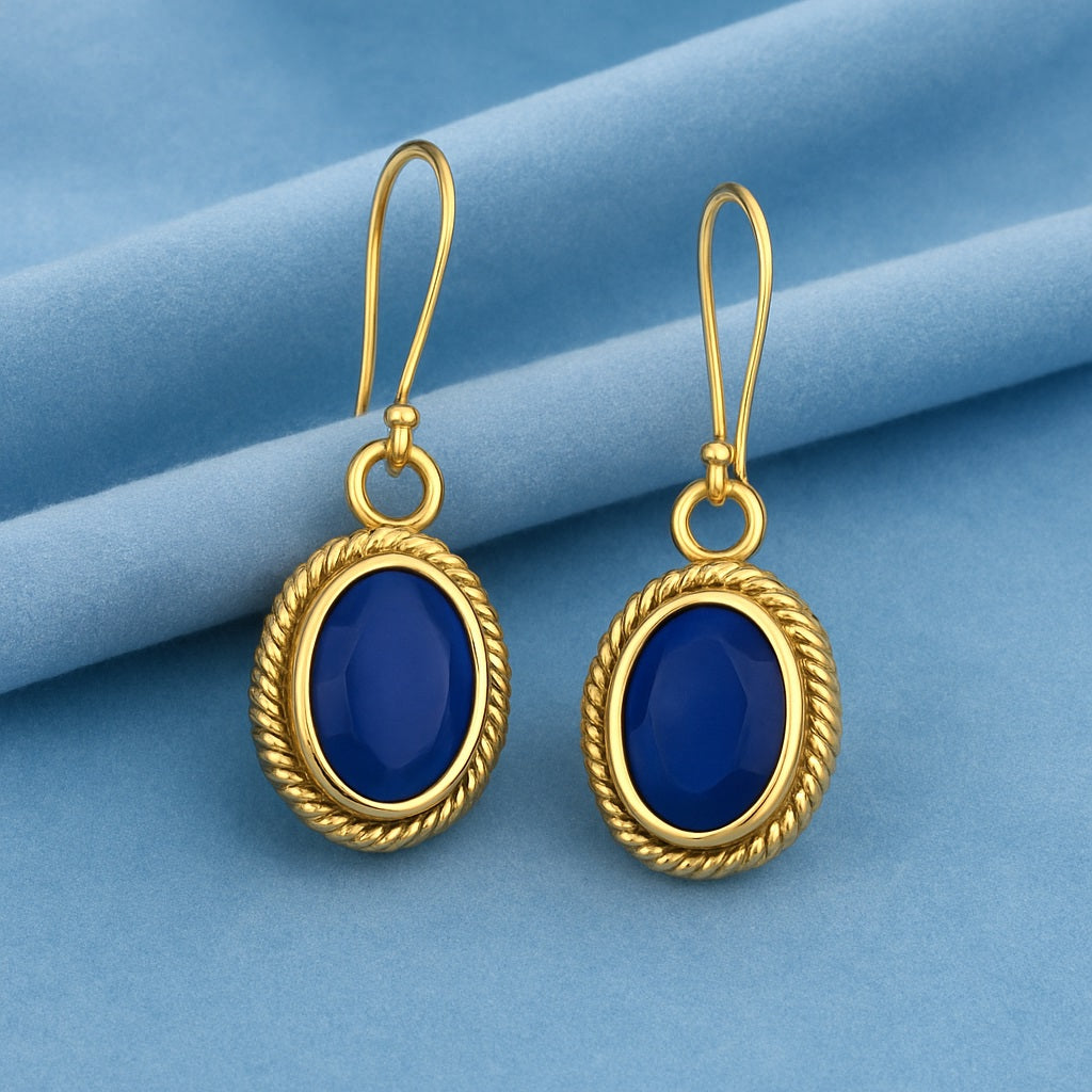 Blue Sapphire 2.00 Ct Vintage Rope Oval Drop Earrings - 14k Yellow Gold