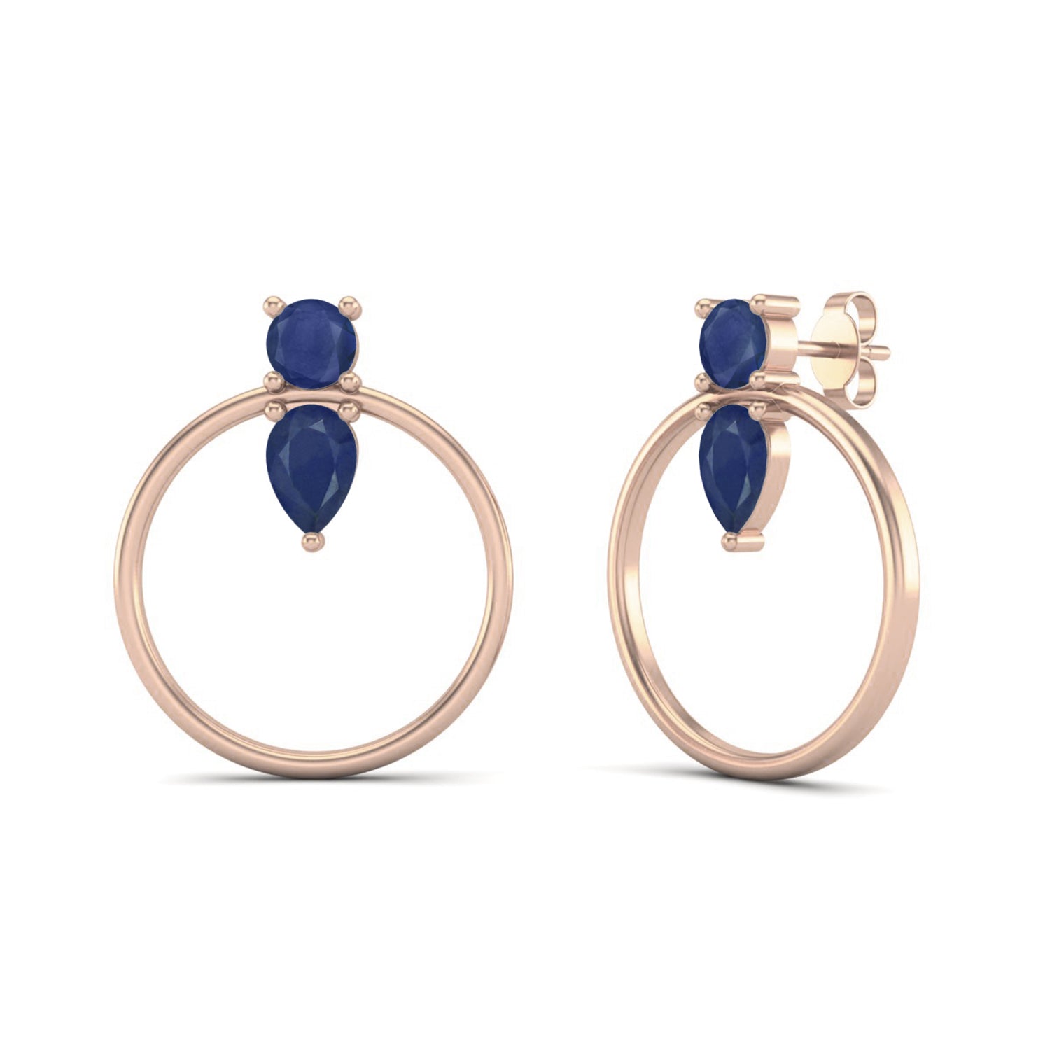 Blue Sapphire Open Hoop Drop Earrings- Sterling Silver