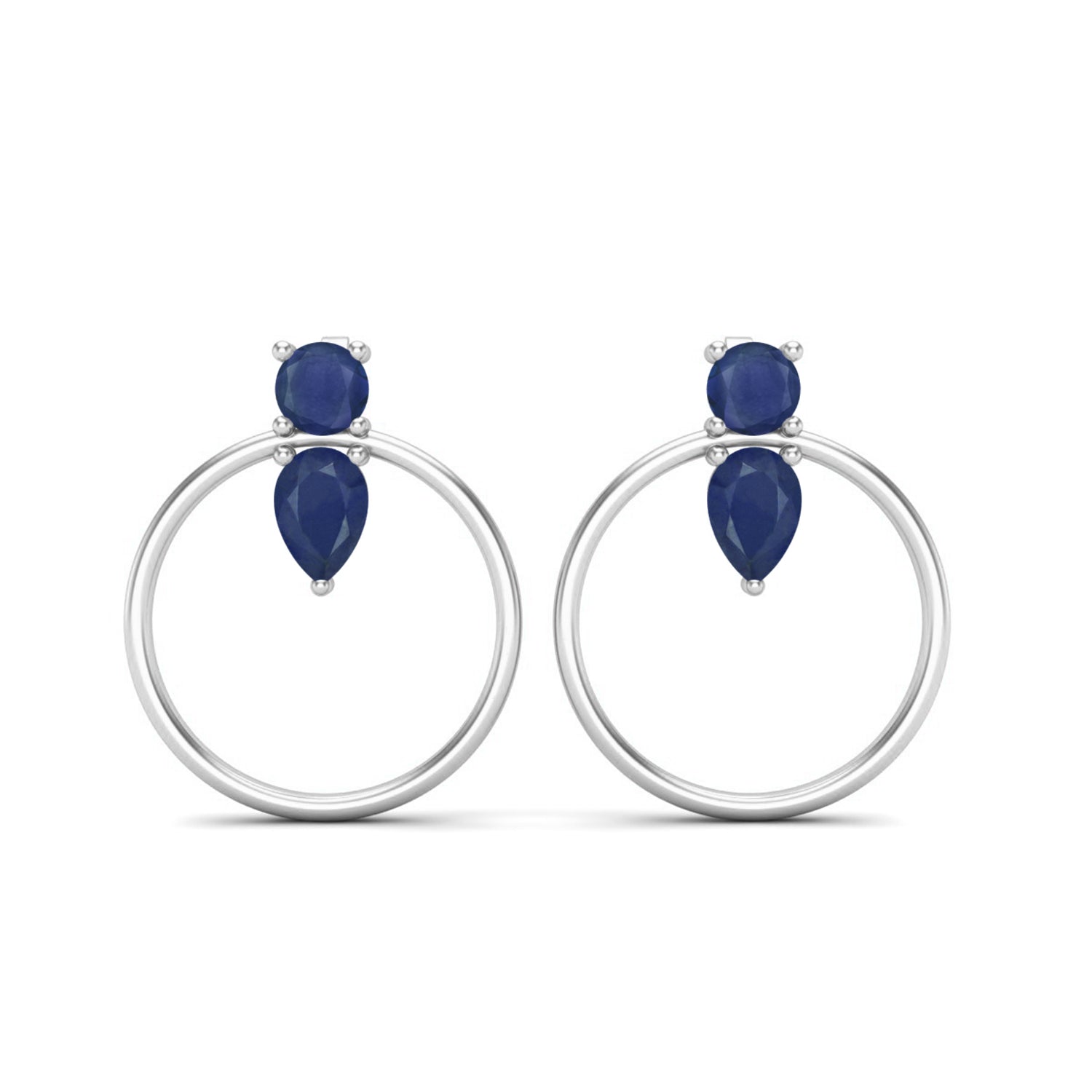 Blue Sapphire Open Hoop Drop Earrings- Sterling Silver