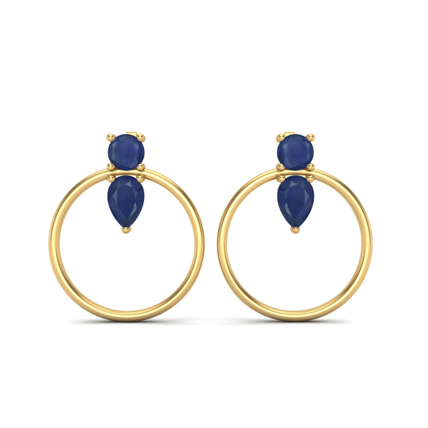 Blue Sapphire Open Hoop Drop Earrings- Sterling Silver