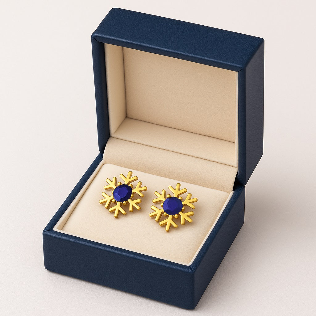 Blue Sapphire 1.30 Ct Round Snowflake Stud Earrings - 14k Yellow Gold