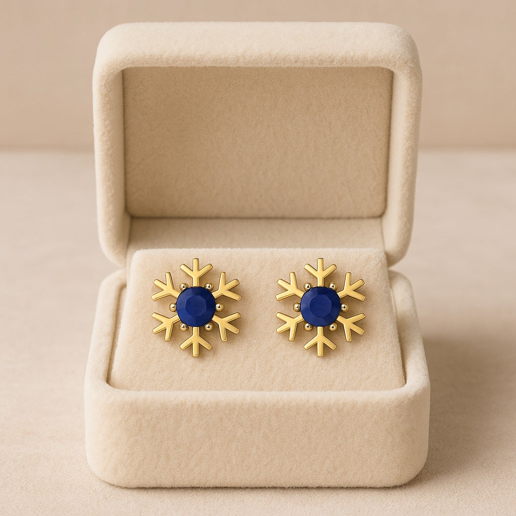 Blue Sapphire 1.30 Ct Round Snowflake Stud Earrings - 14k Yellow Gold