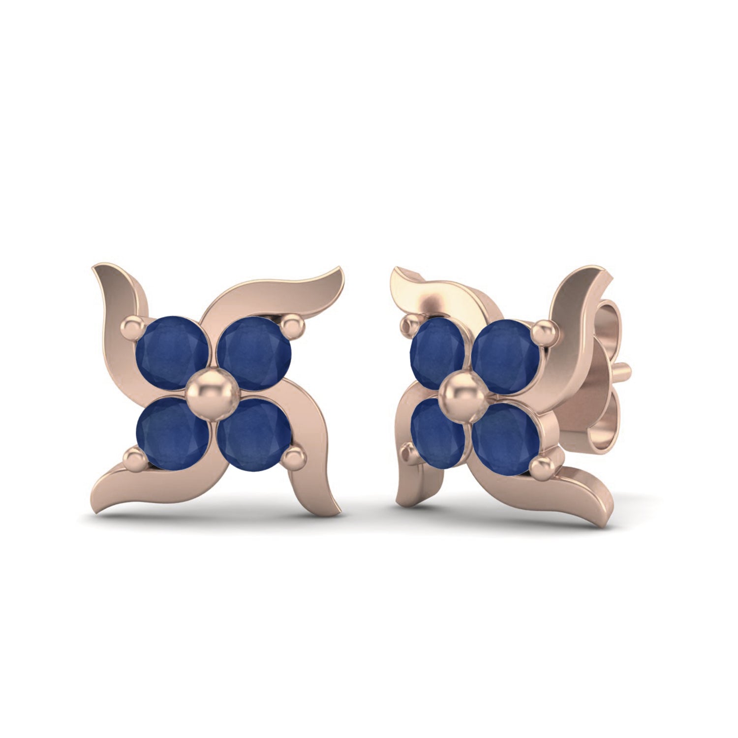 Blue Sapphire 0.65 Ct Round Floral Cluster Stud Earrings - 14k Yellow Gold