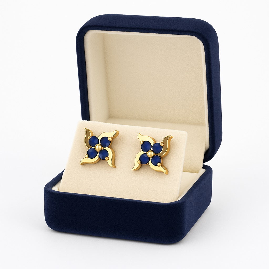 Blue Sapphire 0.65 Ct Round Floral Cluster Stud Earrings - 14k Yellow Gold