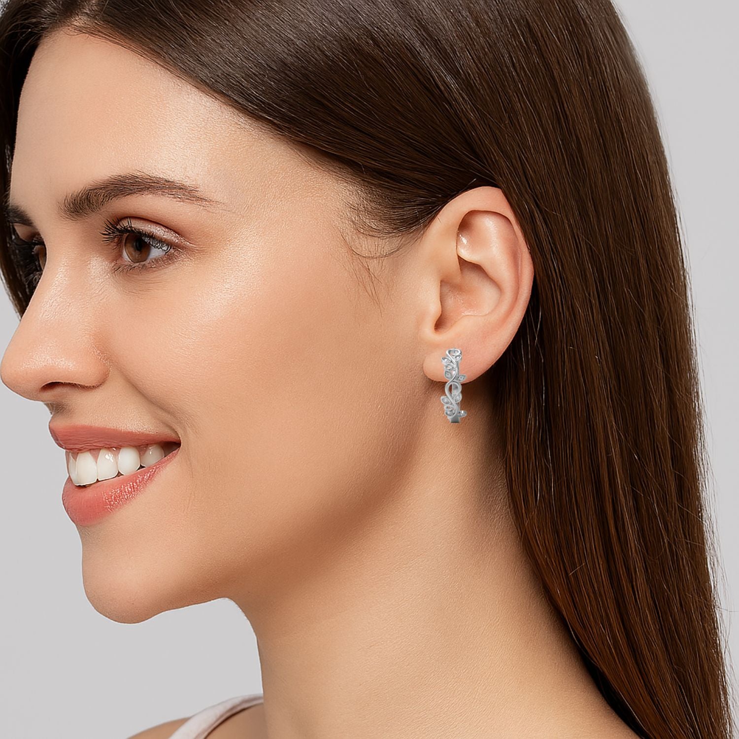 Moissanite Leaf Vine Scroll Hoop Earrings – Sterling Silver