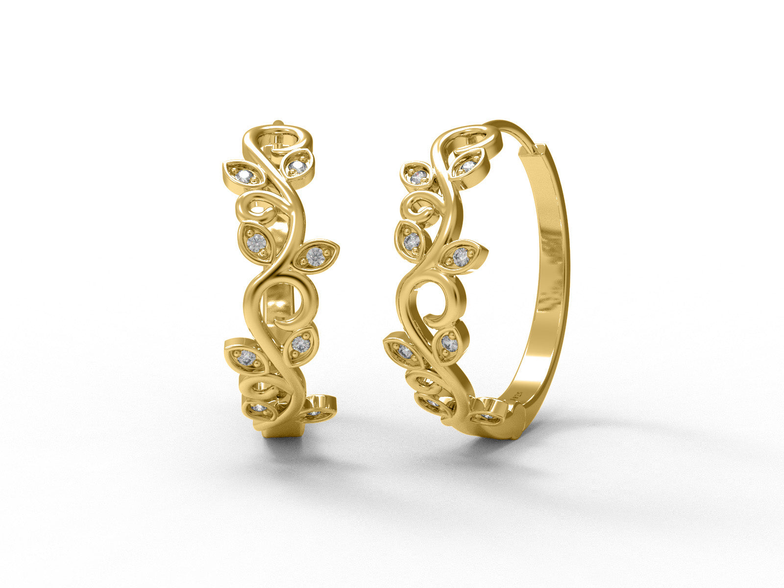 Leaf Vine Moissanite Hoop Earrings – 14k Yellow Gold