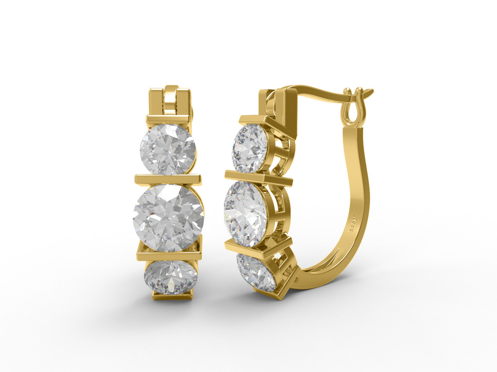 Orecchini a cerchio con tre pietre di moissanite – Oro giallo 14k